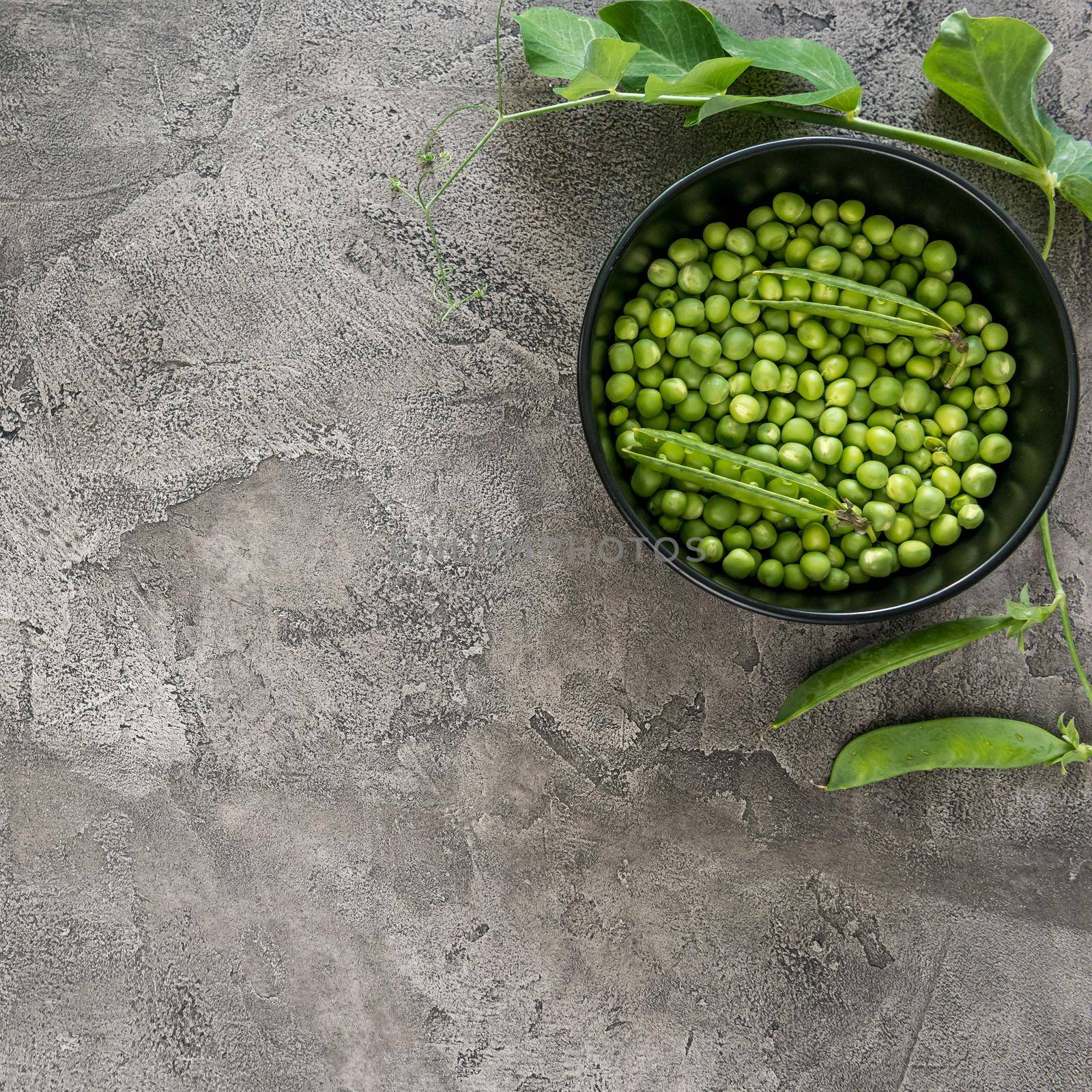Black bowl with freshly harvested green peas, some shells, textured background, topview, copyspace