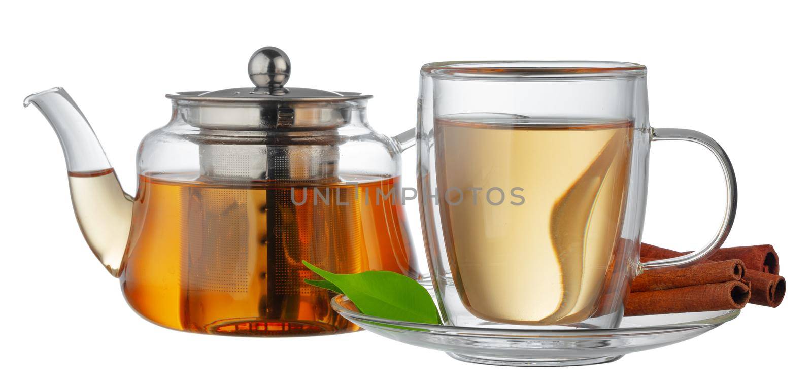 Glass teapot and glass cup with tea isolated on white by Fabrikasimf
