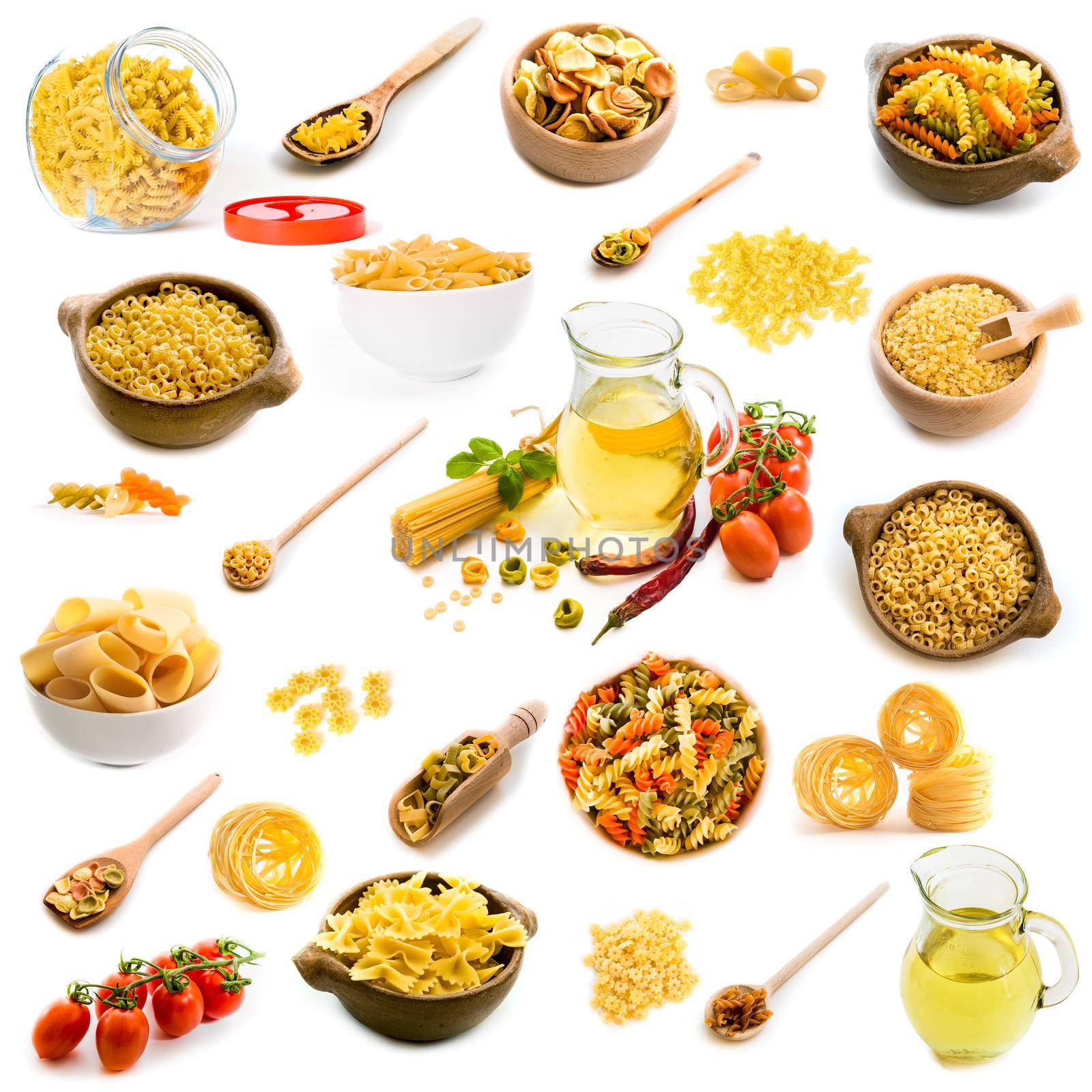 Collage of photos of different shapes of pasta in a variety of dishes on a white background