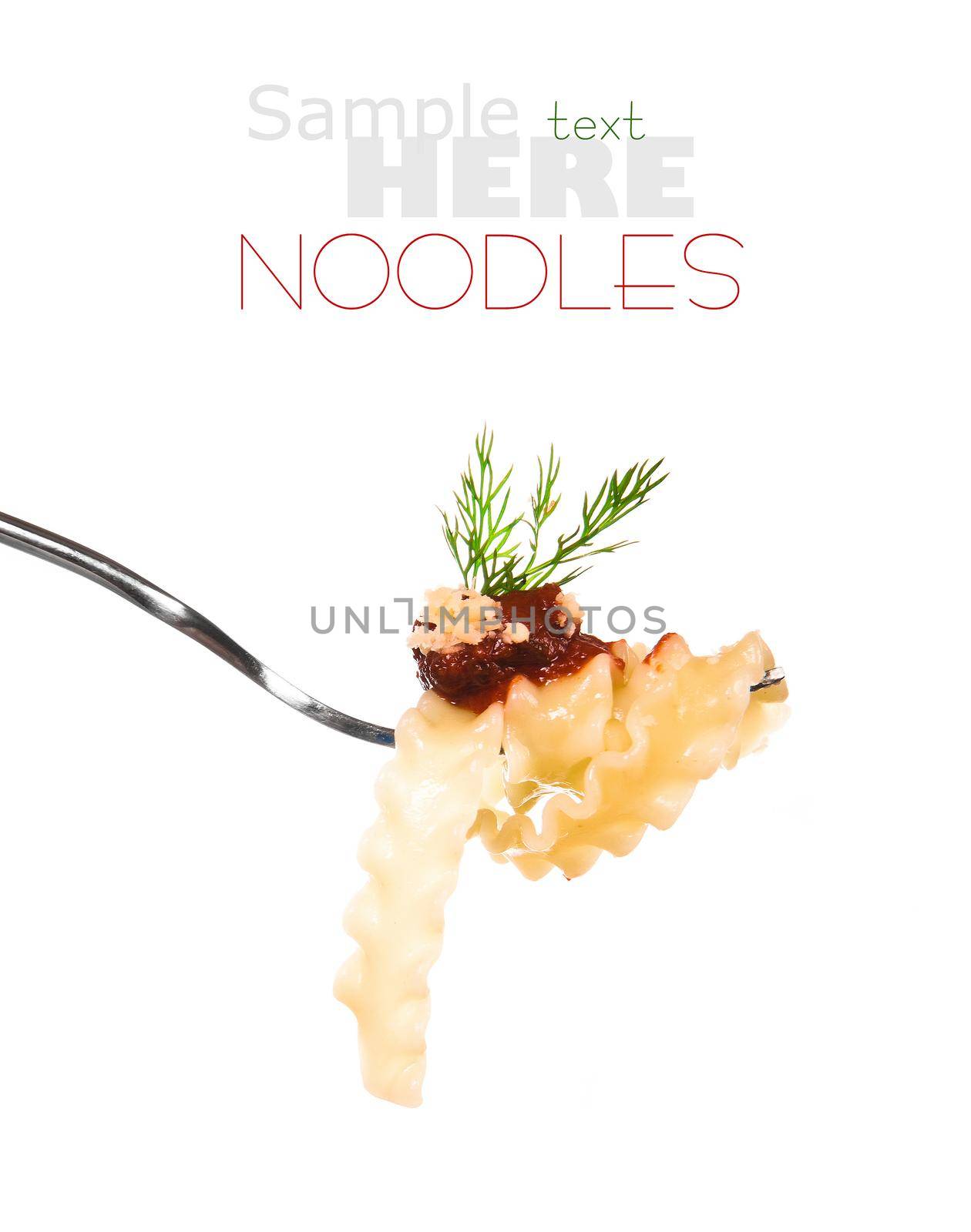 picture of a silver fork with spaghetti noodle over white background