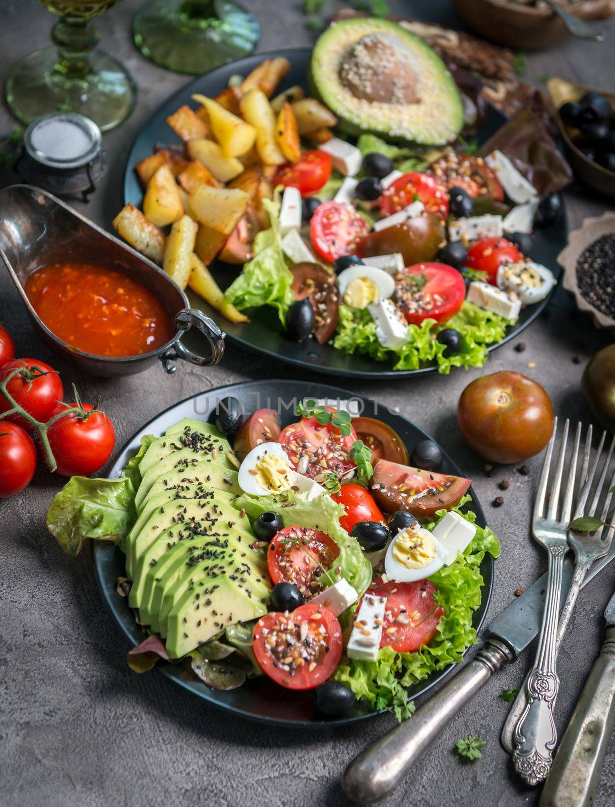 Vegetarian dinner - fried potatoes and fresh vegetable salad by tan4ikk1