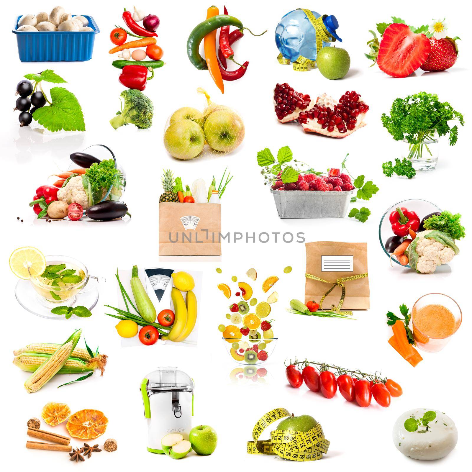 fruits and vegetables collage isolated on white background