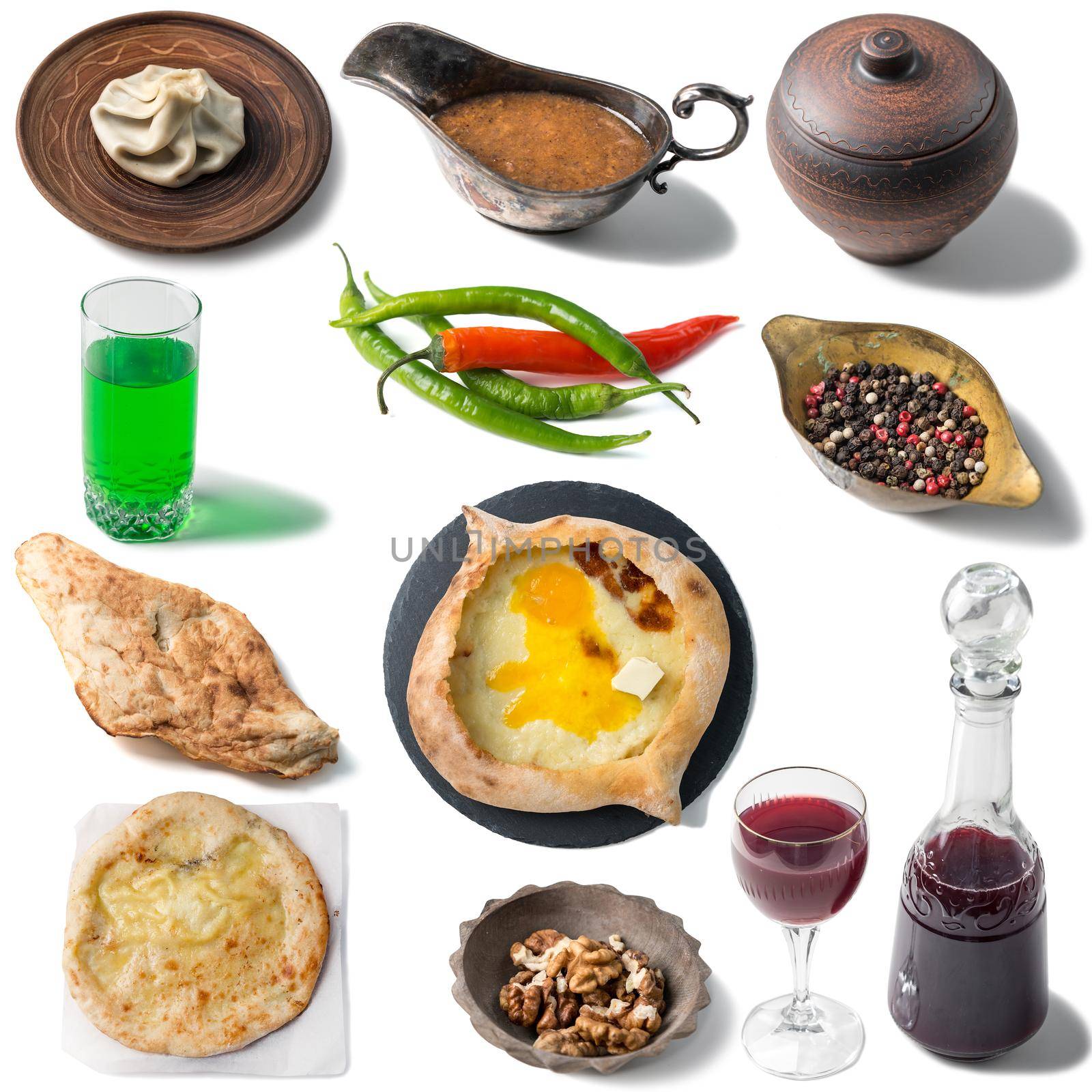 Set of georgian traditional foods, khachapuri, chebureki, khinkali by tan4ikk1