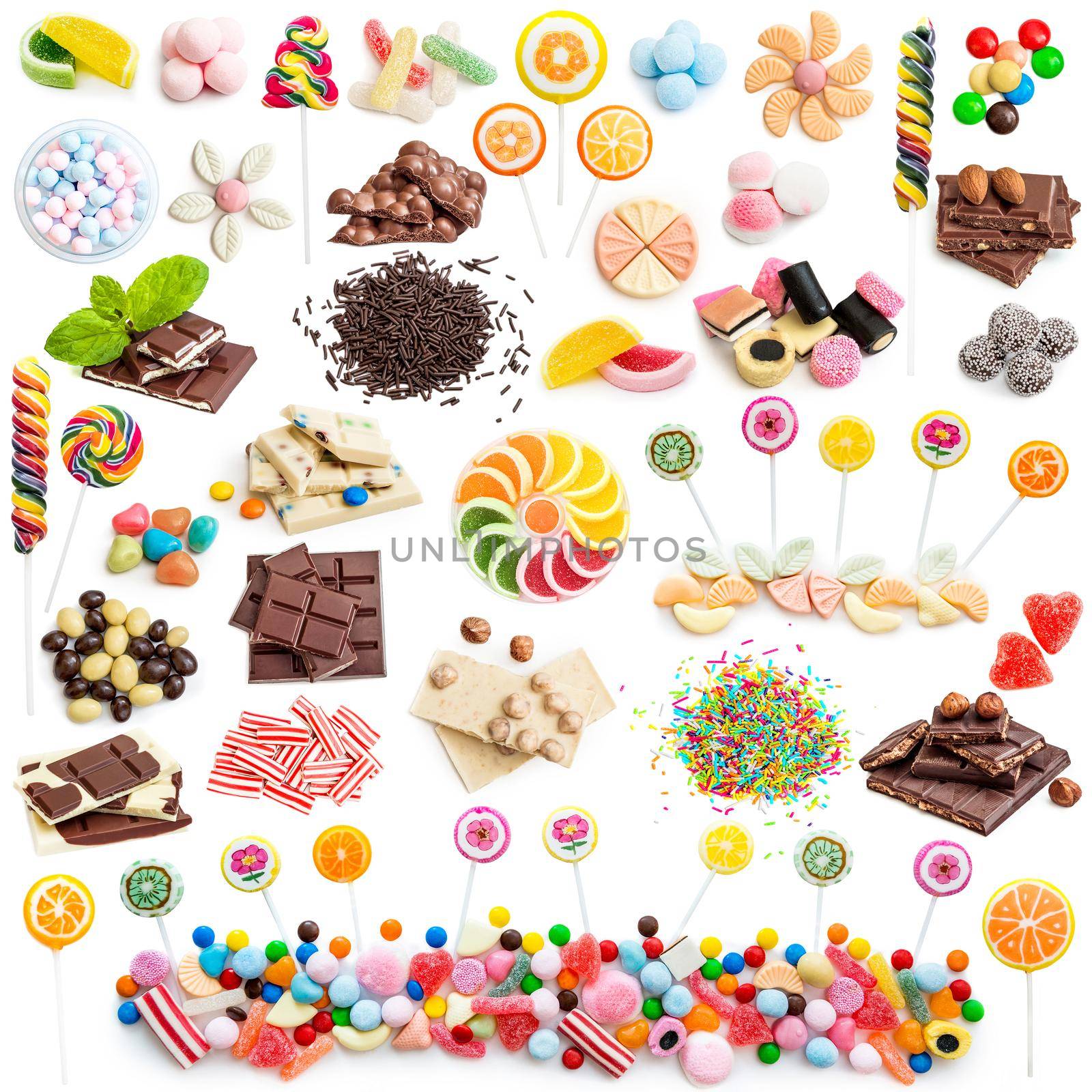 Collage of white and milk chocolate and candies isolated on white background