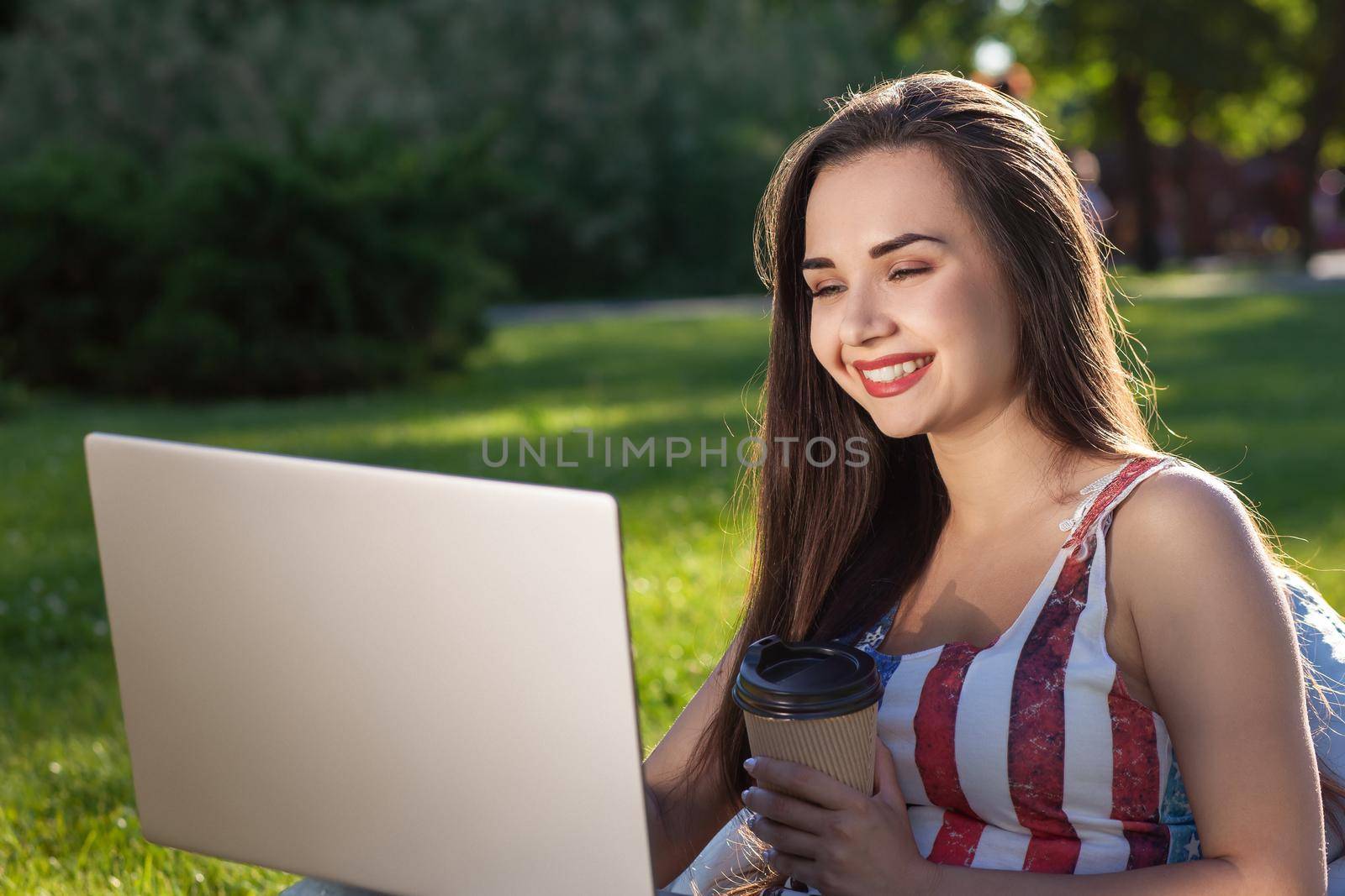 Pretty young woman sitting on bean bag use laptop while resting on grass in park on the sun by nazarovsergey
