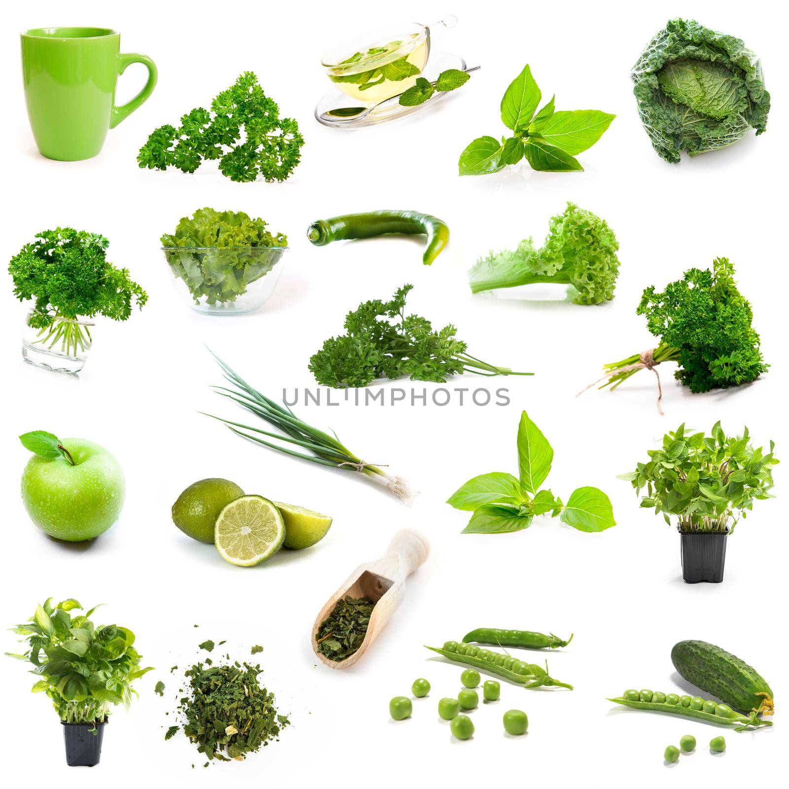 green products collage isolated on white background