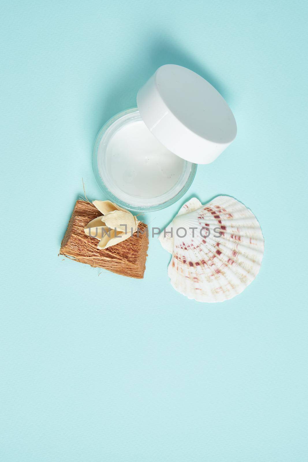 hygiene items cosmetics health procedures blue background. High quality photo