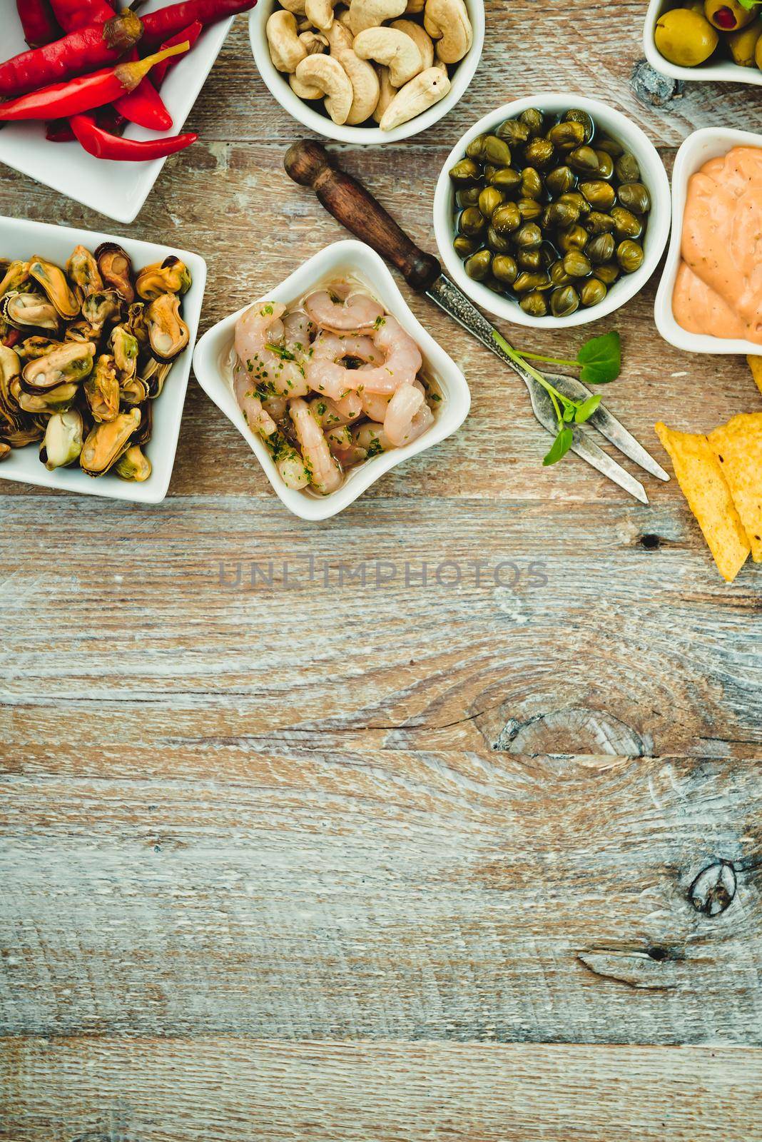 National Spanish tapas on a wooden background