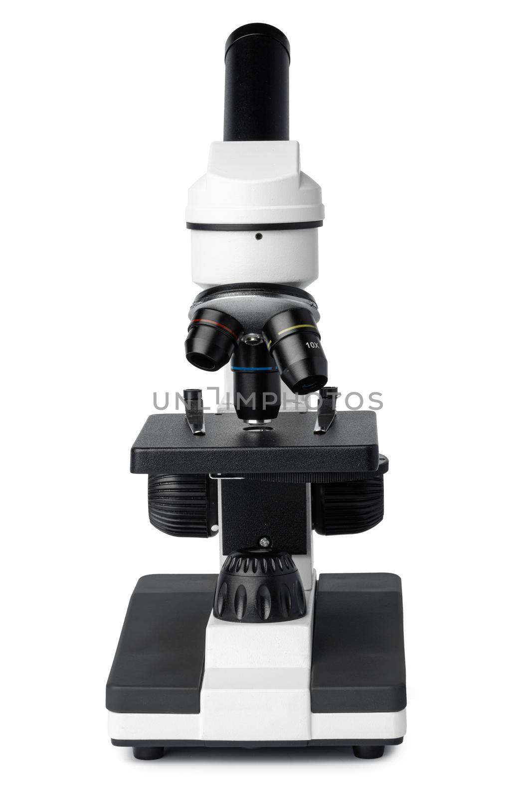 Scientific microscope isolated on white background, front view, close up