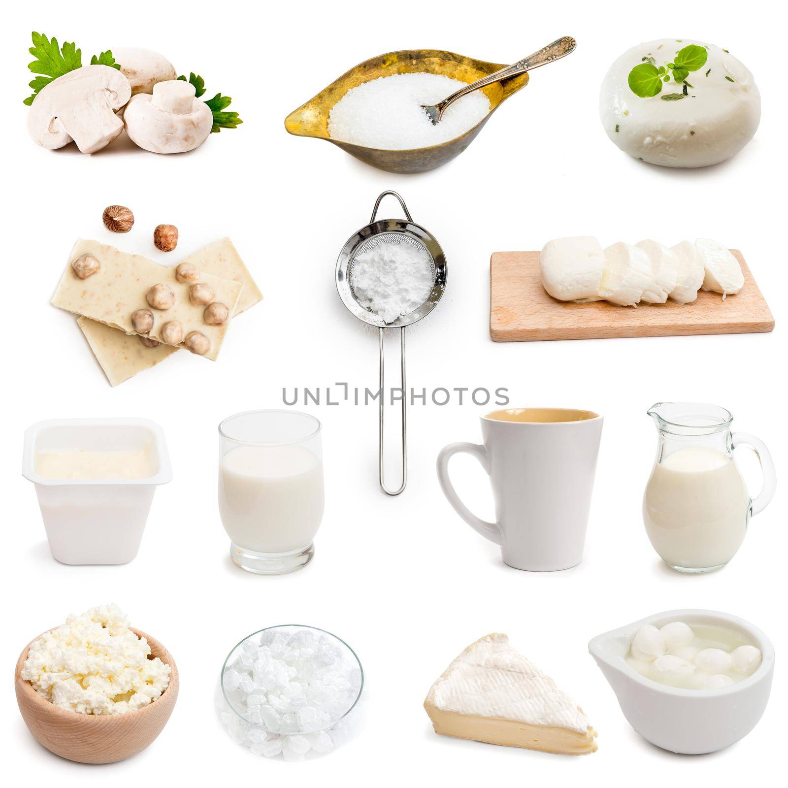 white color products collage isolated on white background