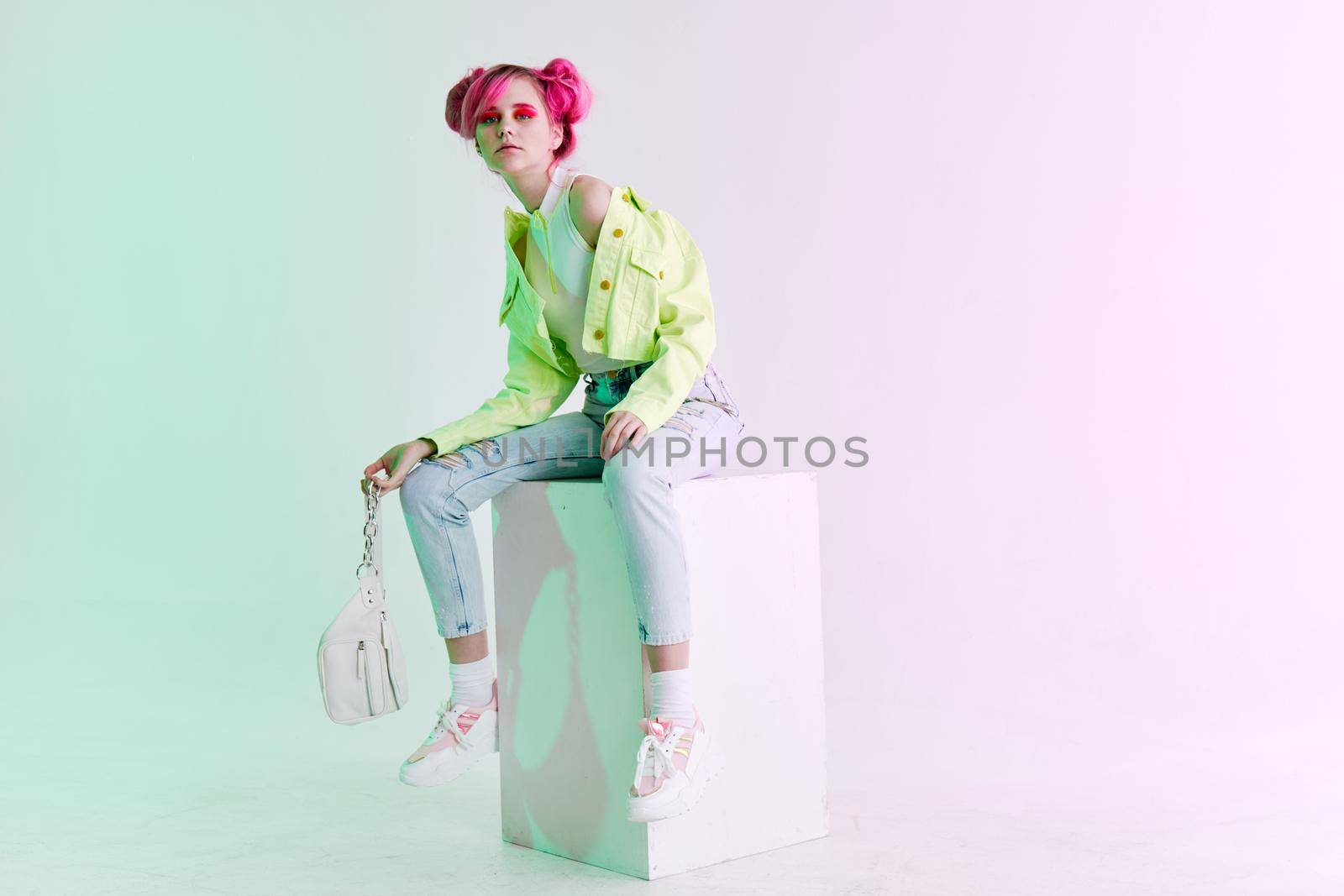 pretty woman green jacket fashionable clothes isolated background. High quality photo