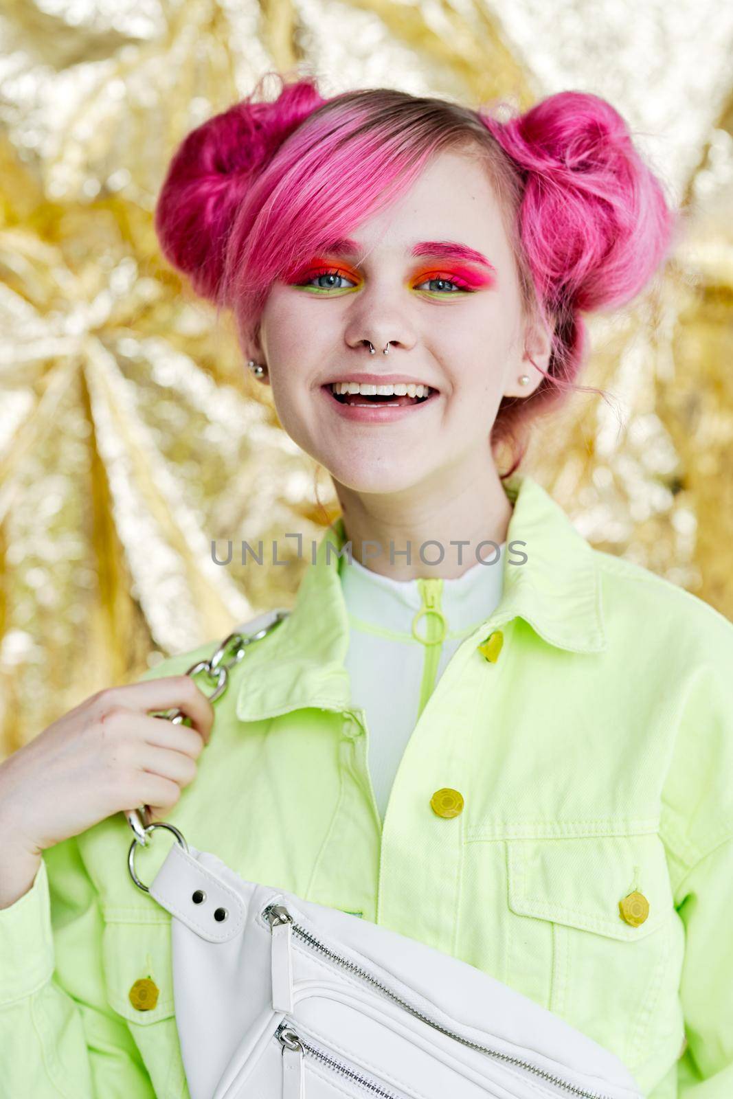 portrait of a cheerful woman pink hair hipster fashion. High quality photo