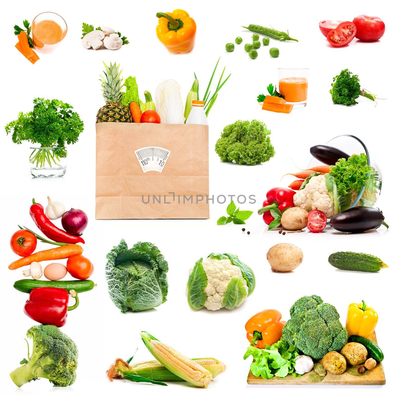photo collage of vegetables and spices on a white background
