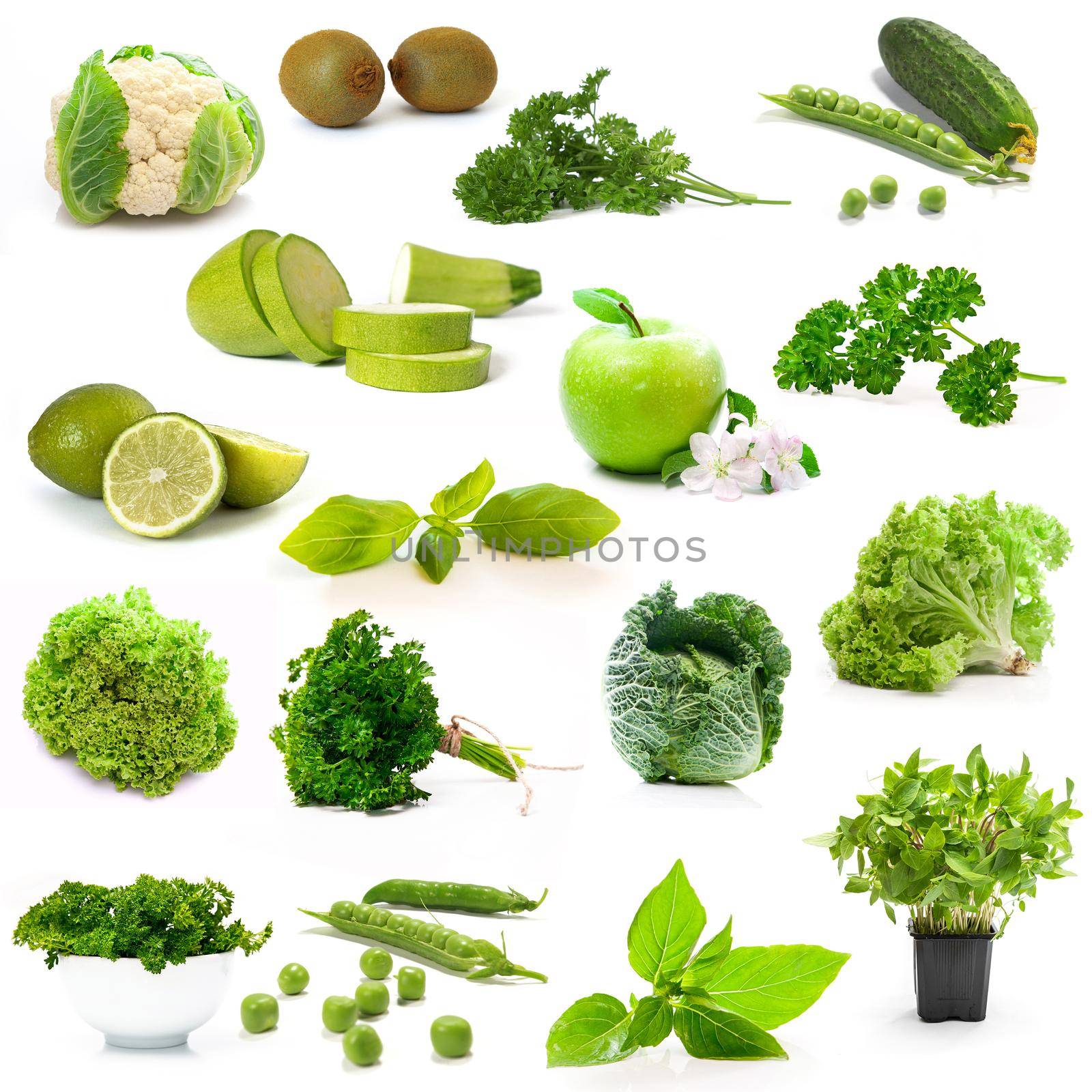 green vegetables and fruits on white background by tan4ikk1