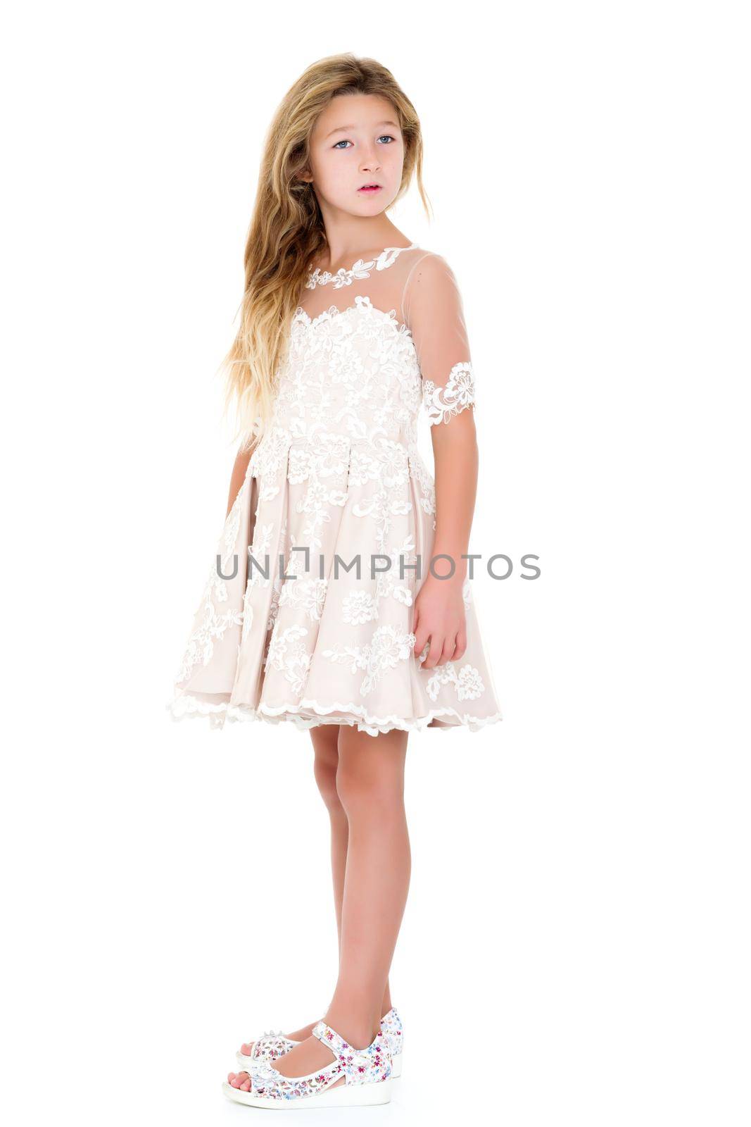 Beautiful little girl in an elegant dress in full growth. The concept of style and fashion. Layout for magazine cover. Isolated on white background.