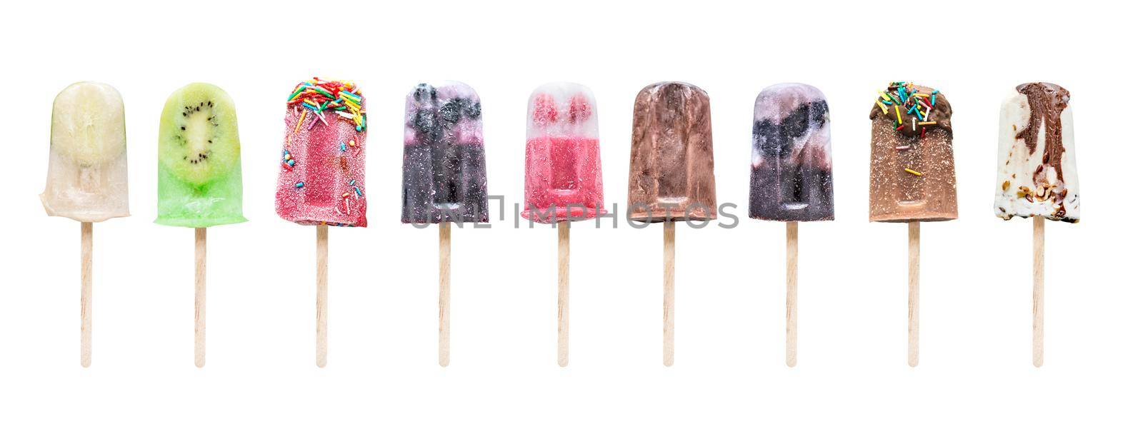 Collection of homemade ice cream on a stick on a white background isolated