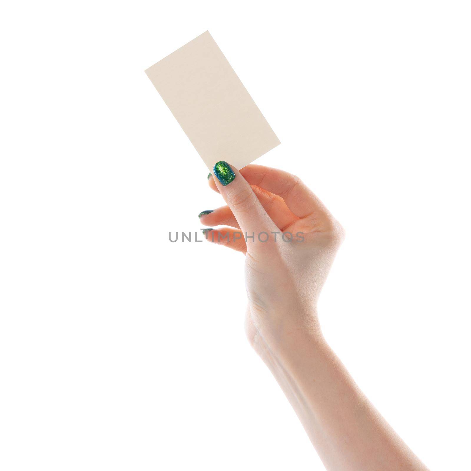 Woman's hand showing white paper banner isolated on white by Fabrikasimf