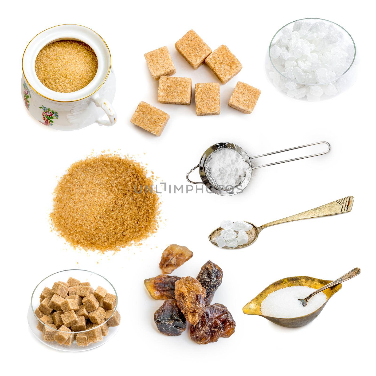 Photo collage of amber brown and white sugar isolated on a white background