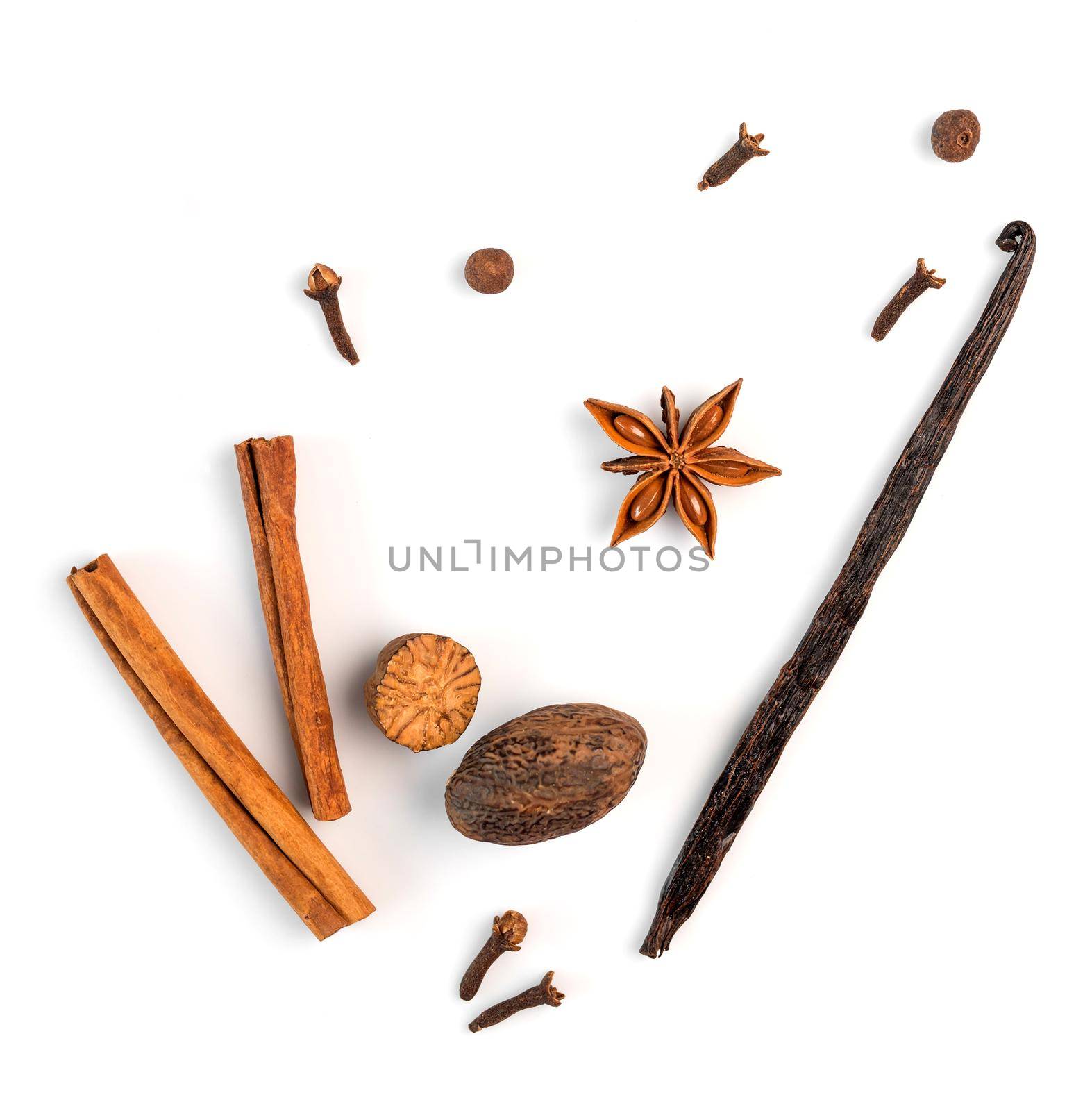 cinnamon, nutmeg and vanilla on a white background by tan4ikk1