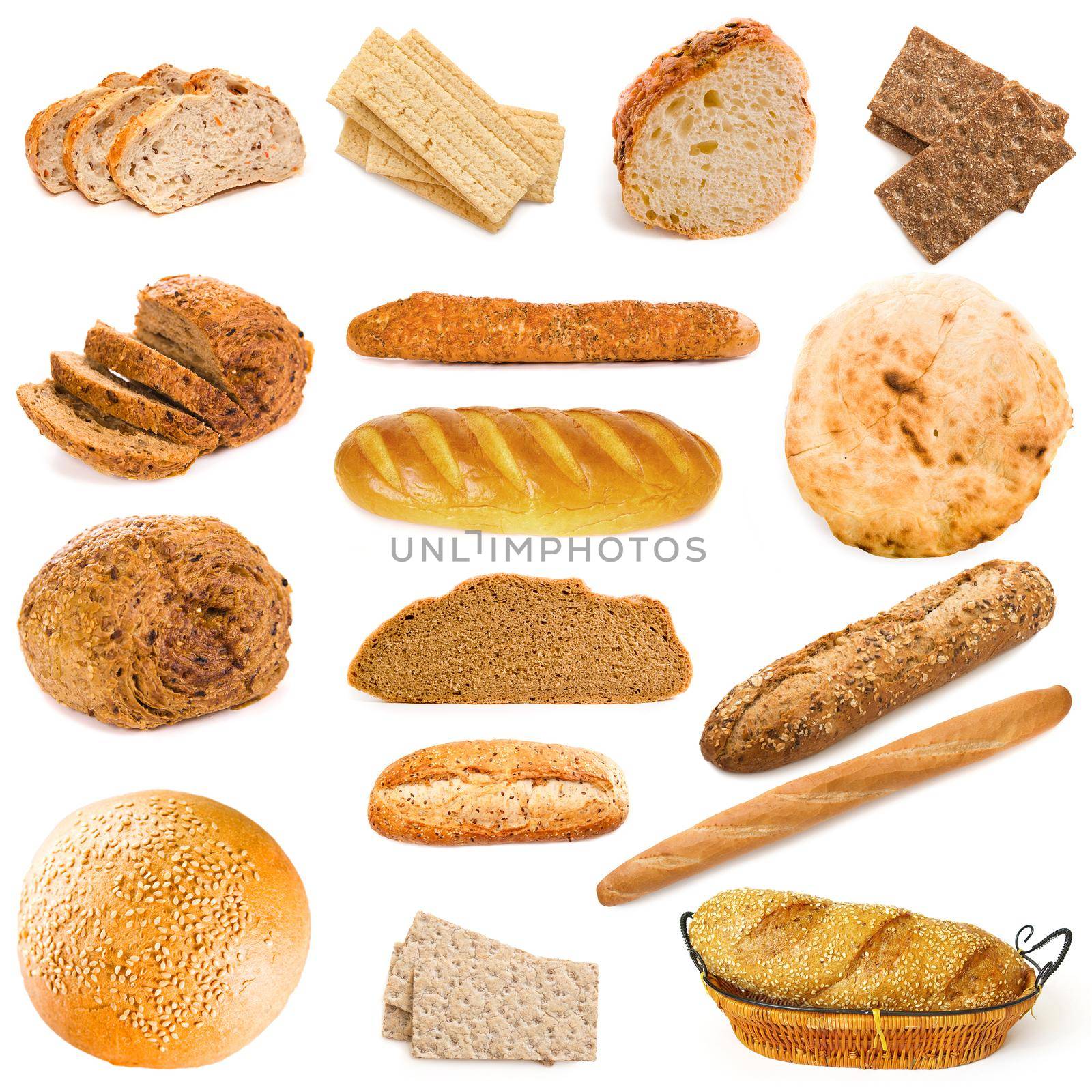 Bread and bakery products isolated on white background