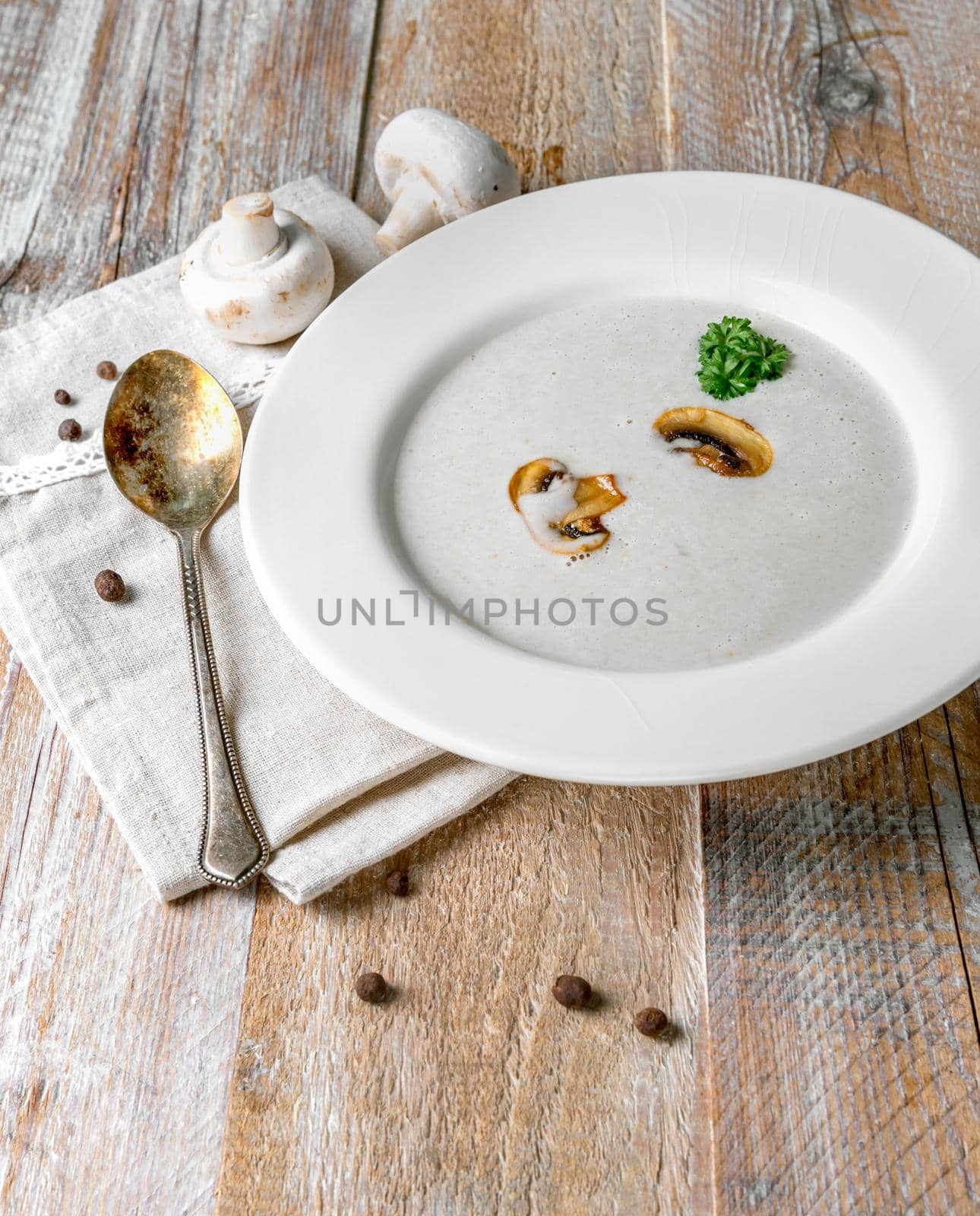 creamy mushroom soup with pieces of mushrooms in by tan4ikk1