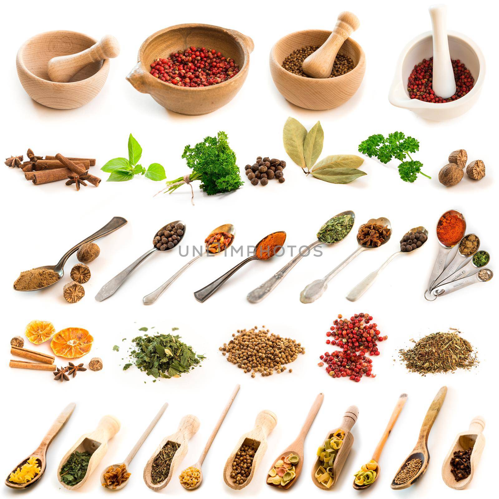 Collage of photos of different spices on spoons and dishes on a white background
