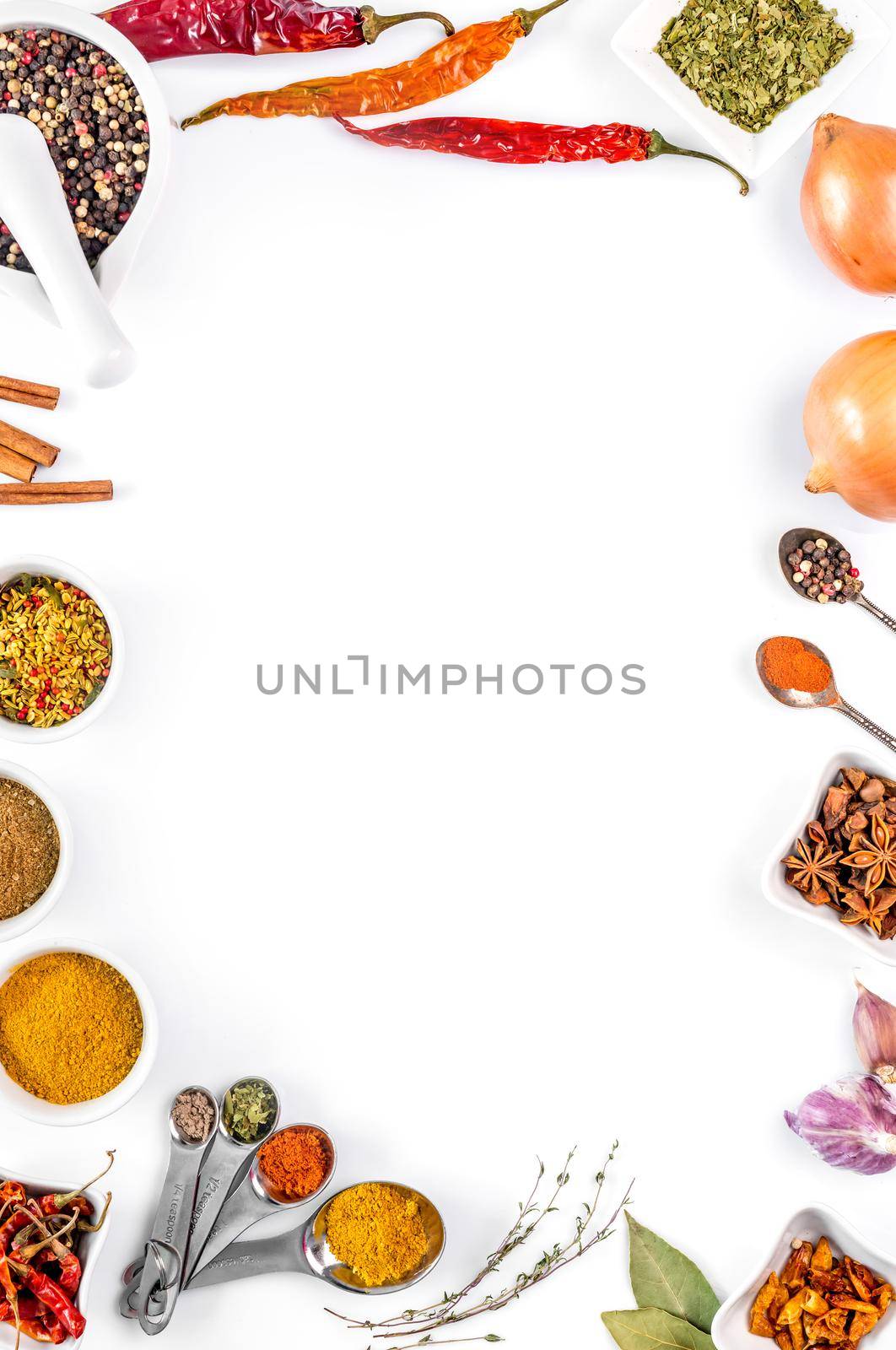 spices on white background isolated with place for text. view from above