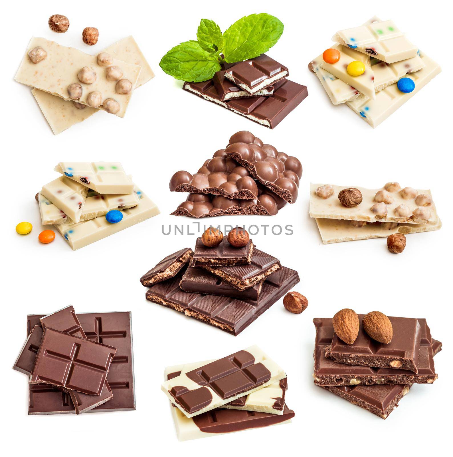 Photo collage of chocolate bars isolated on a white background