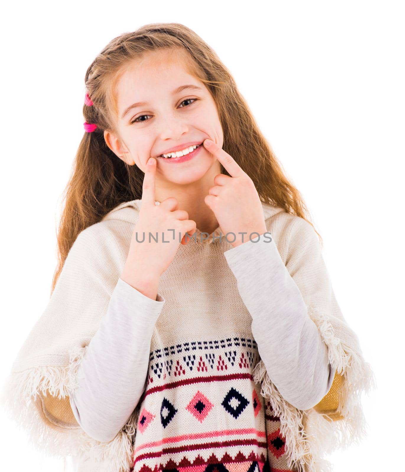 Lovely teen girl holding fingers on cheeks and looks at camera isolated on white background
