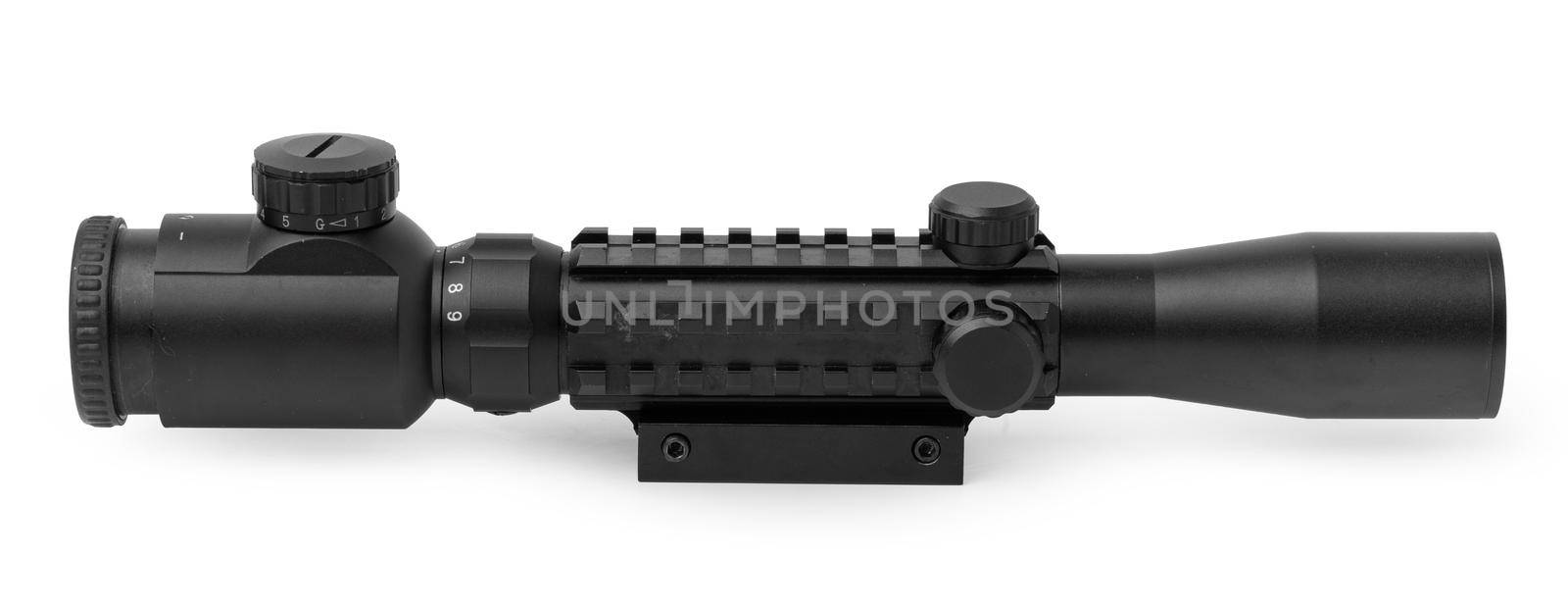 Black optical scope for weapon isolated on white background