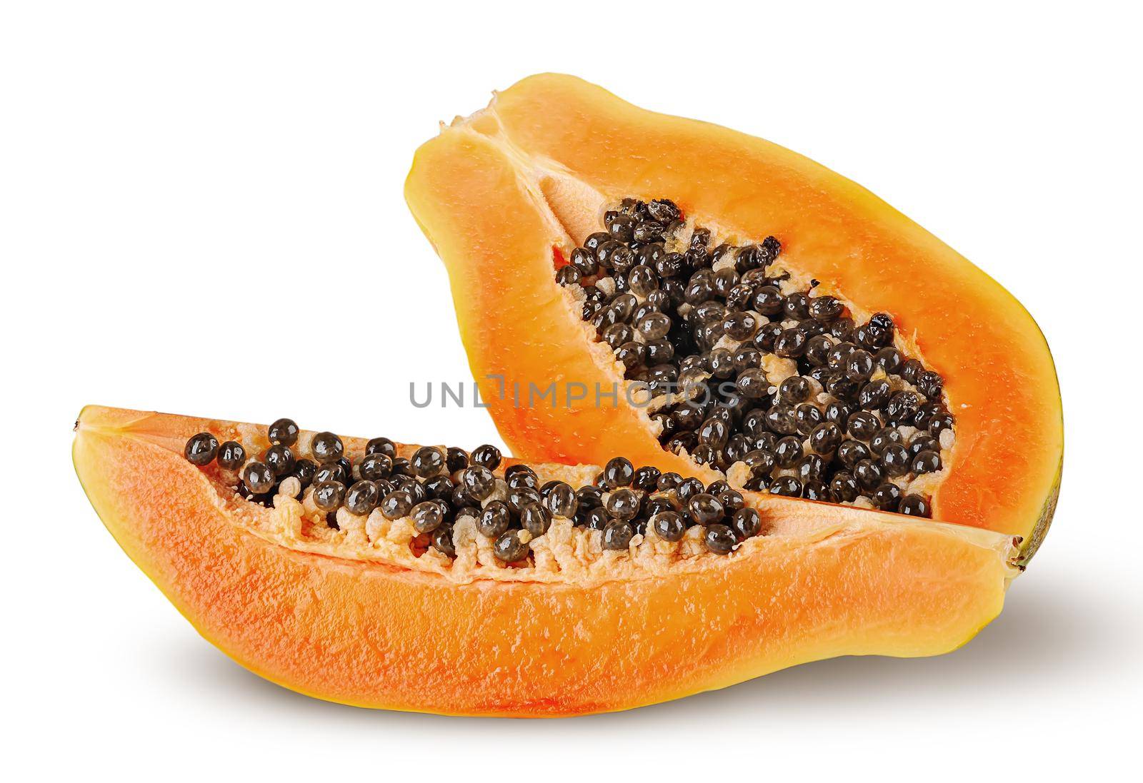 Half and quarter ripe papaya isolated on white background