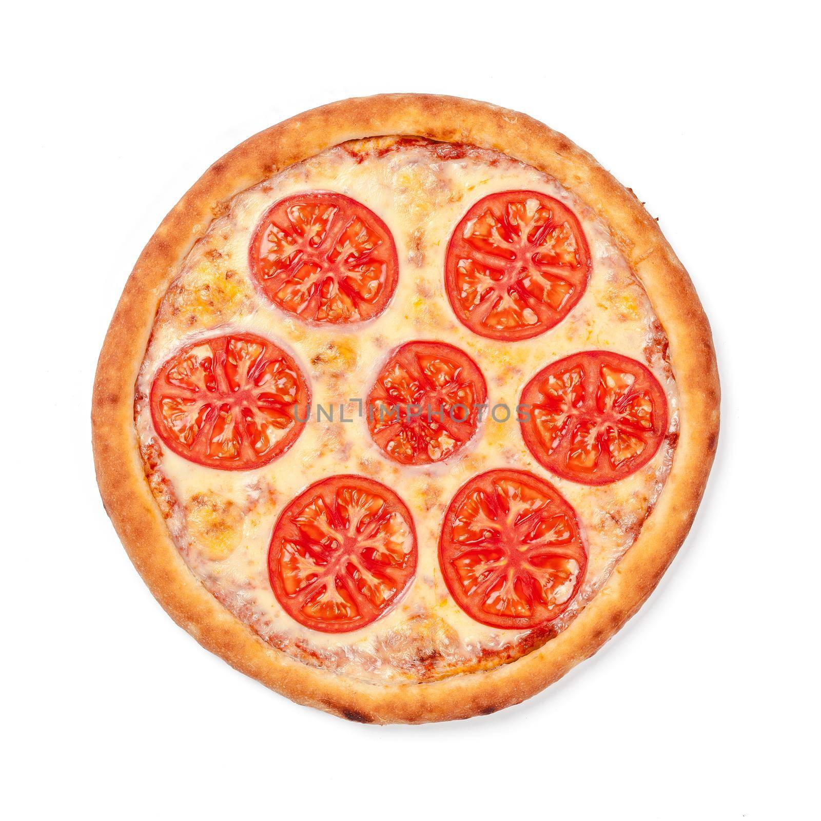 Top view of round pizza isolated on white background