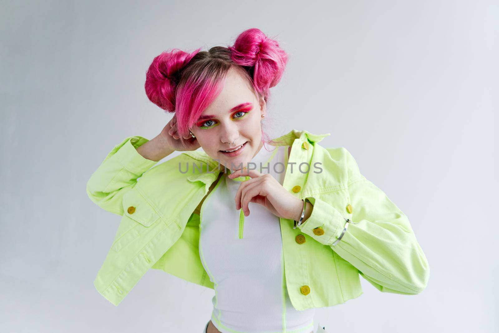 cheerful woman green jacket pink hair luxury fashion by Vichizh