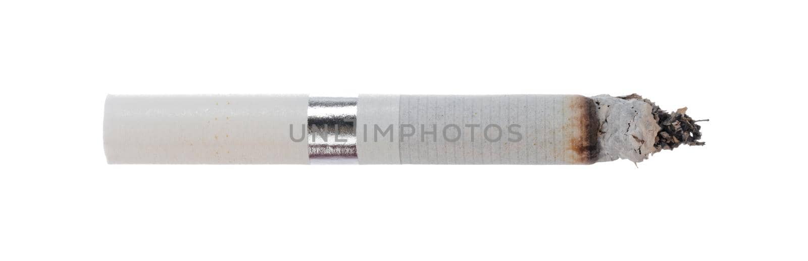 Lit cigarette isolated on white background close up by Fabrikasimf