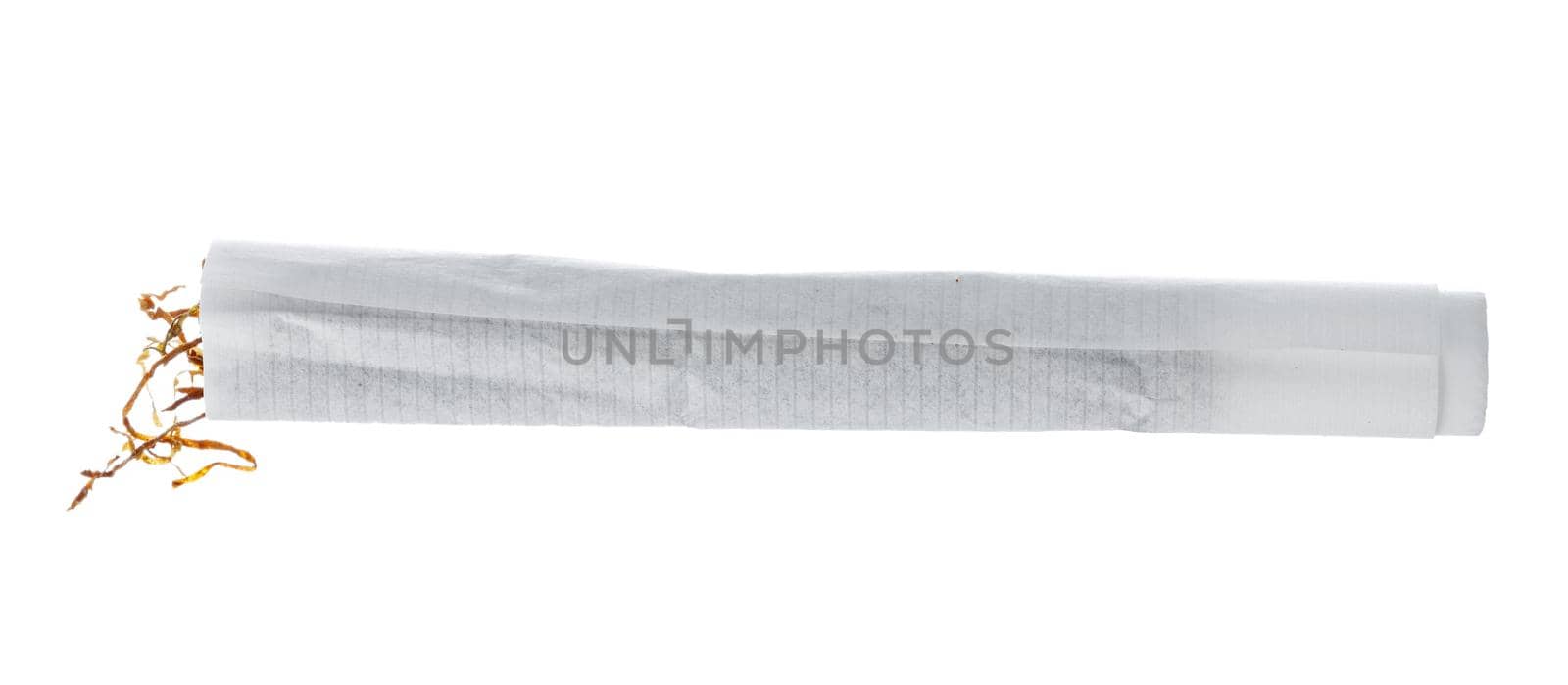 One unlit cigarette isolated on white background close up