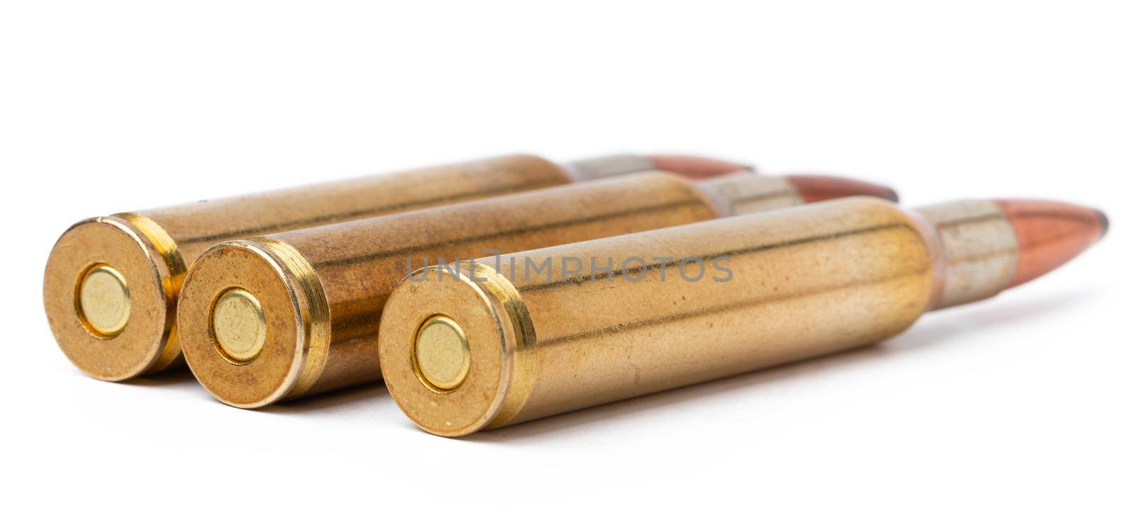 Metal cartridges isolated on white background close up, copy space