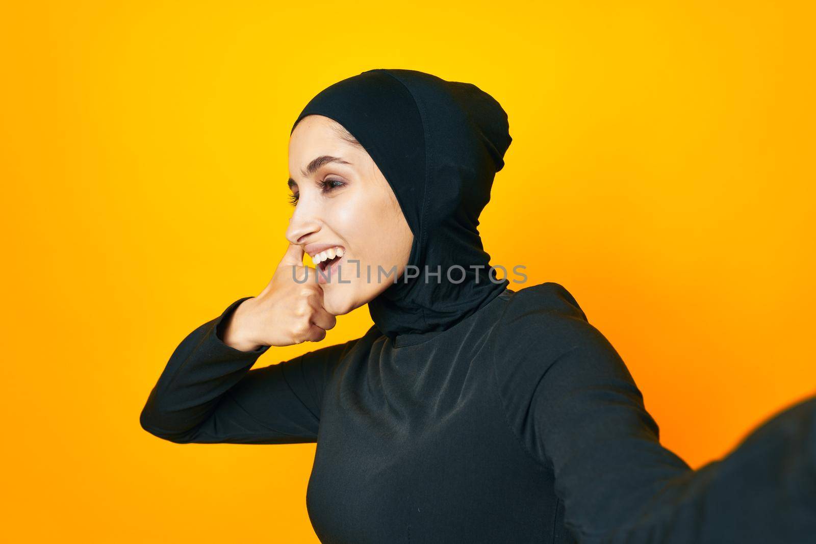 arab woman fun ethnicity model posing emotions studio lifestyle. High quality photo