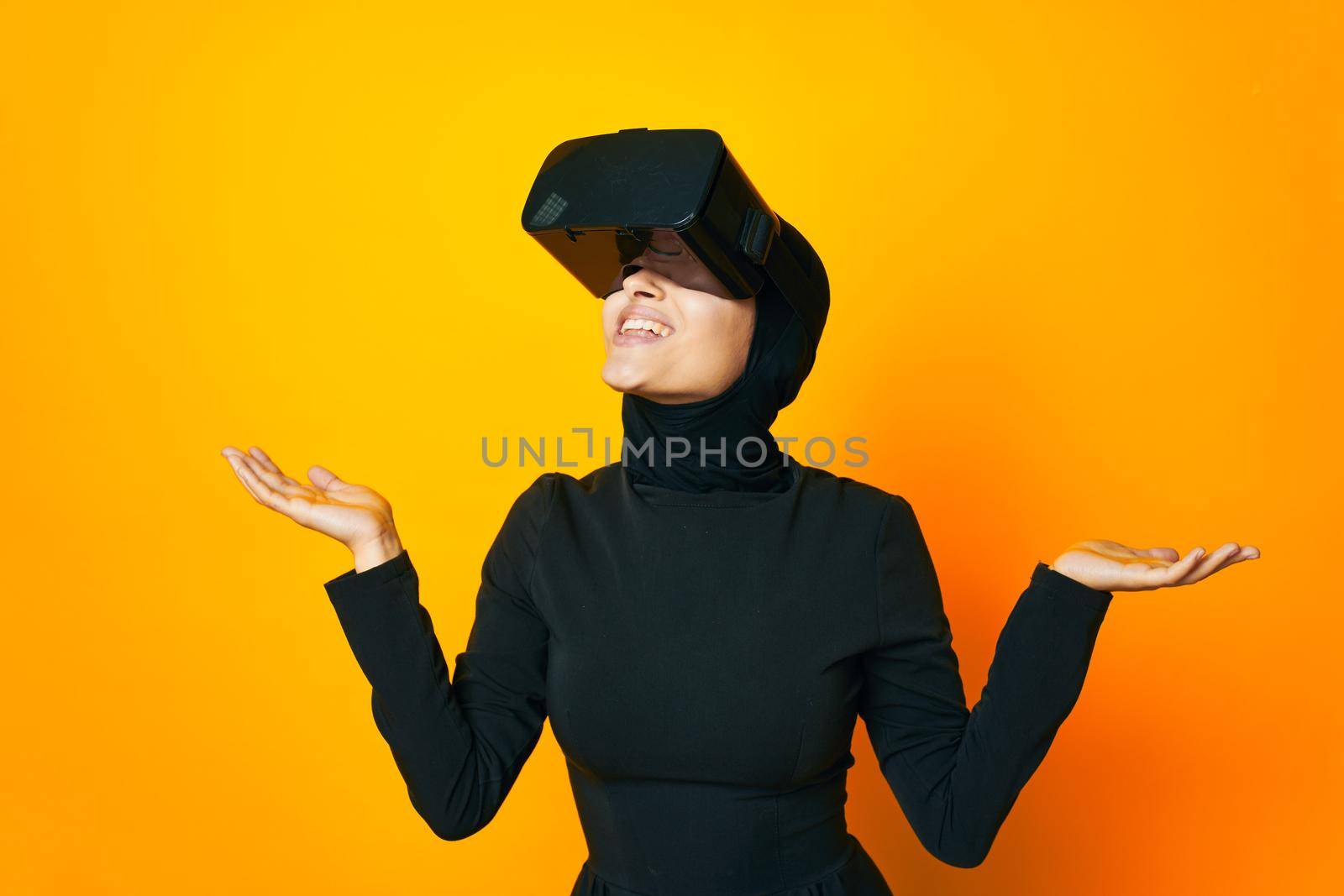 pretty woman virtual reality glasses entertainment isolated background. High quality photo