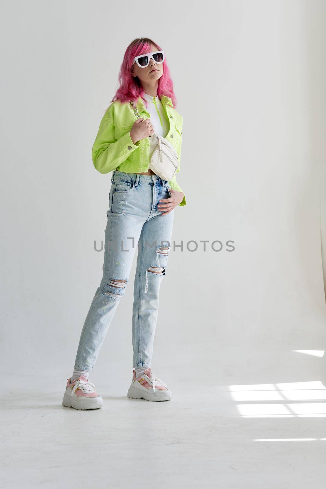 hipster woman with pink hair creative Acid style design. High quality photo