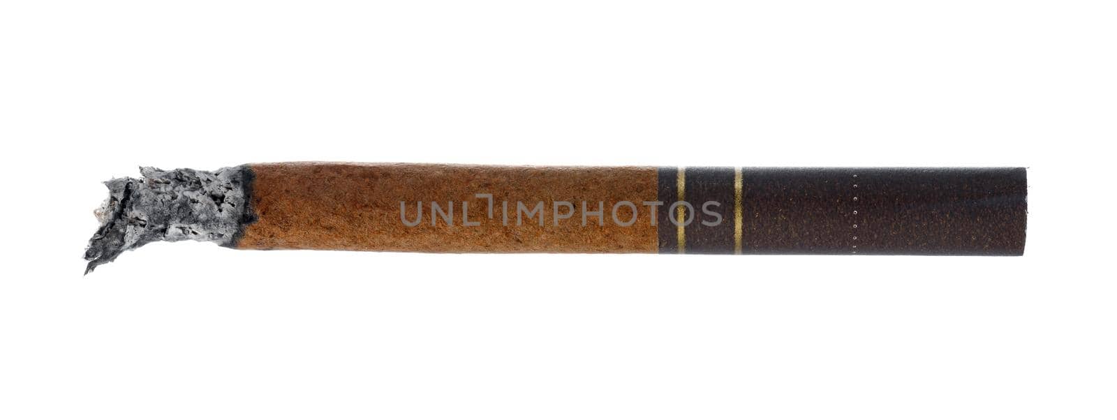Burning cigarette isolated on white background close up top view