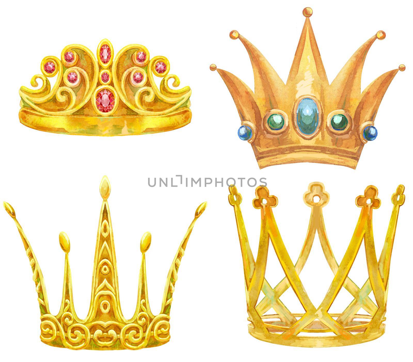 Set of gold crowns. Watercolor hand draw illustration on white background by NataOmsk