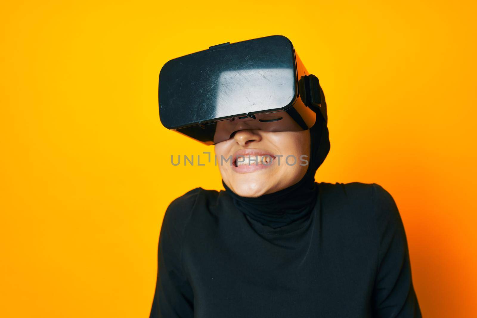 cheerful woman technology simulator device gaming studio lifestyle. High quality photo