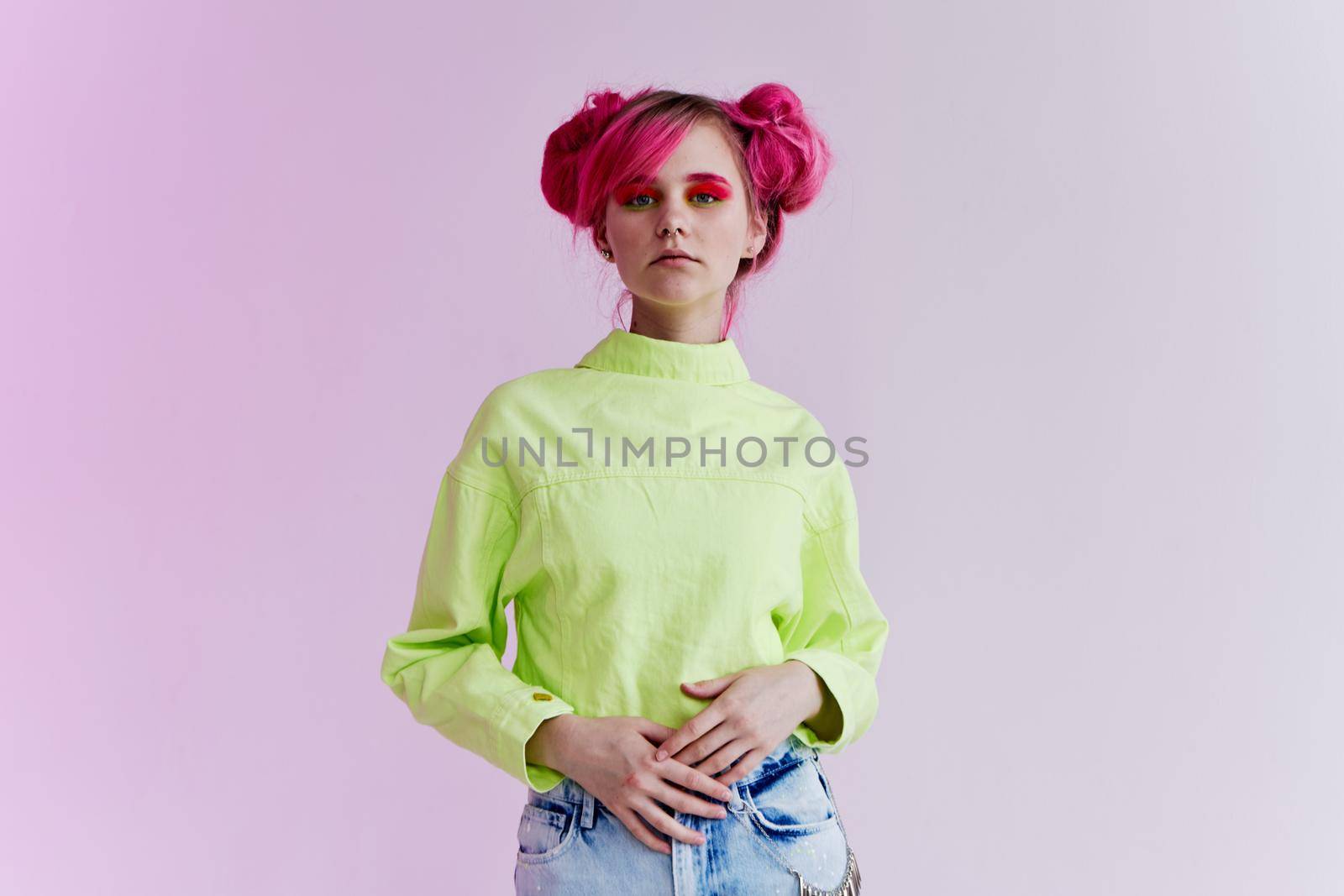 hipster woman green jacket fashionable clothes lifestyle fun design. High quality photo