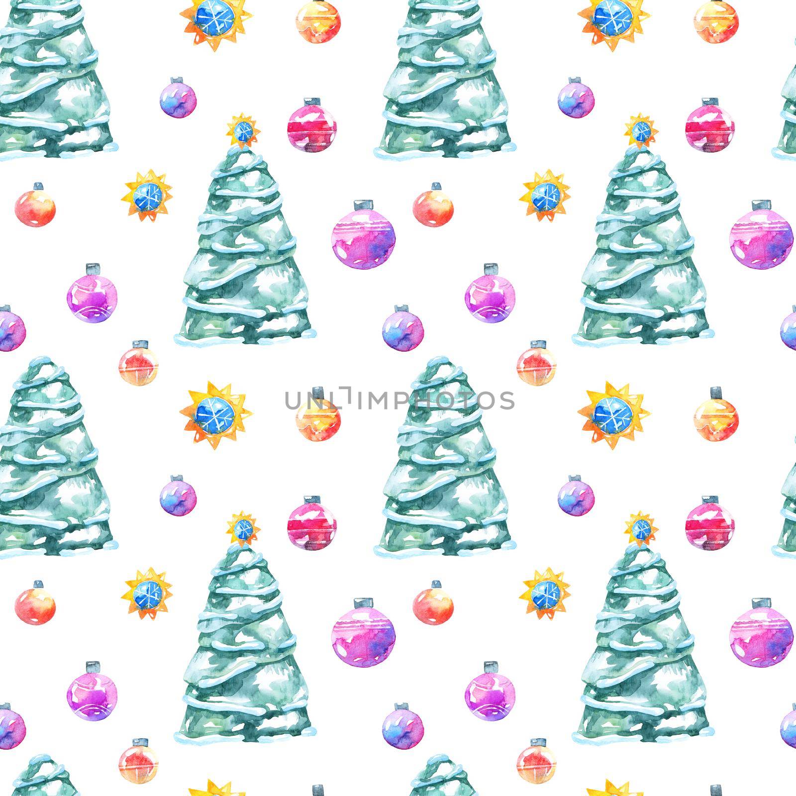 Watercolor illustration of christmas tree with decorations on white background - seamless pattern
