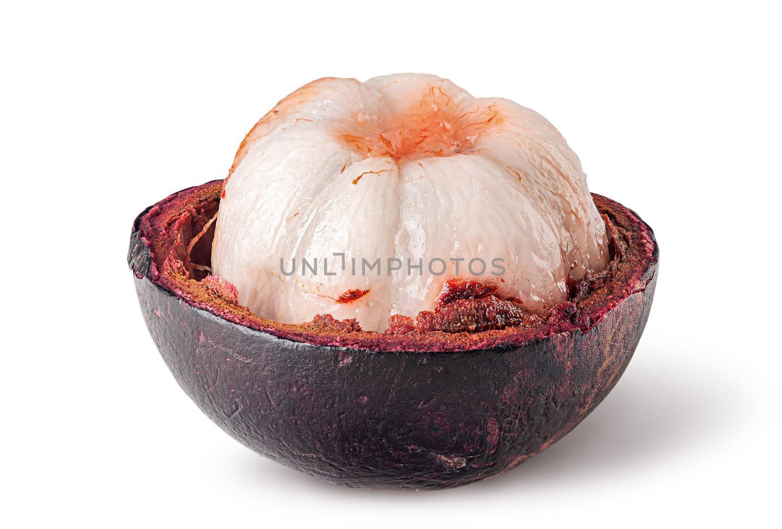 Ripe opened mangosteen front view isolated on white background