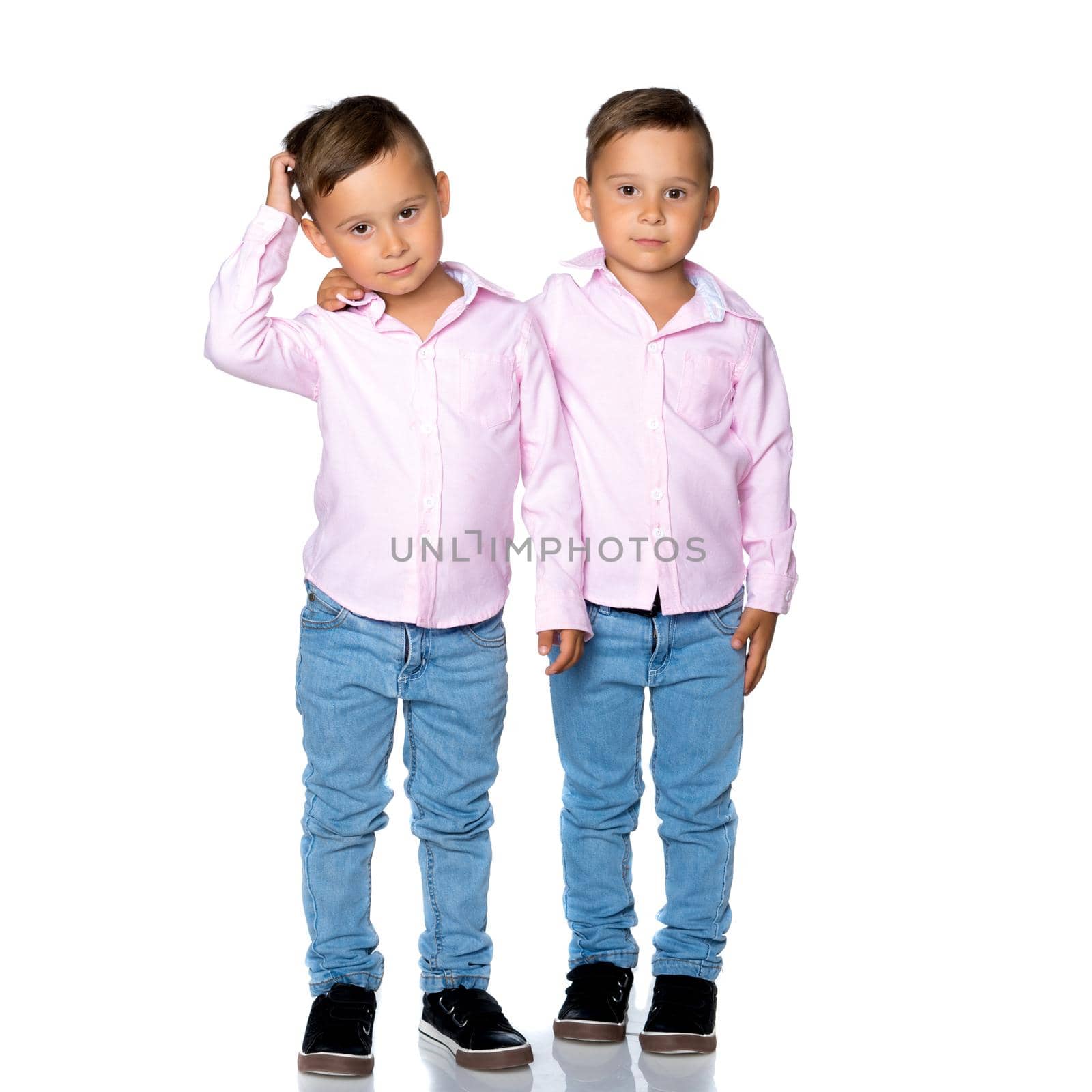 Two cute little boys stand in front of the camera in full growth. The concept of a happy childhood, the development of a child in the family. Isolated on white background.