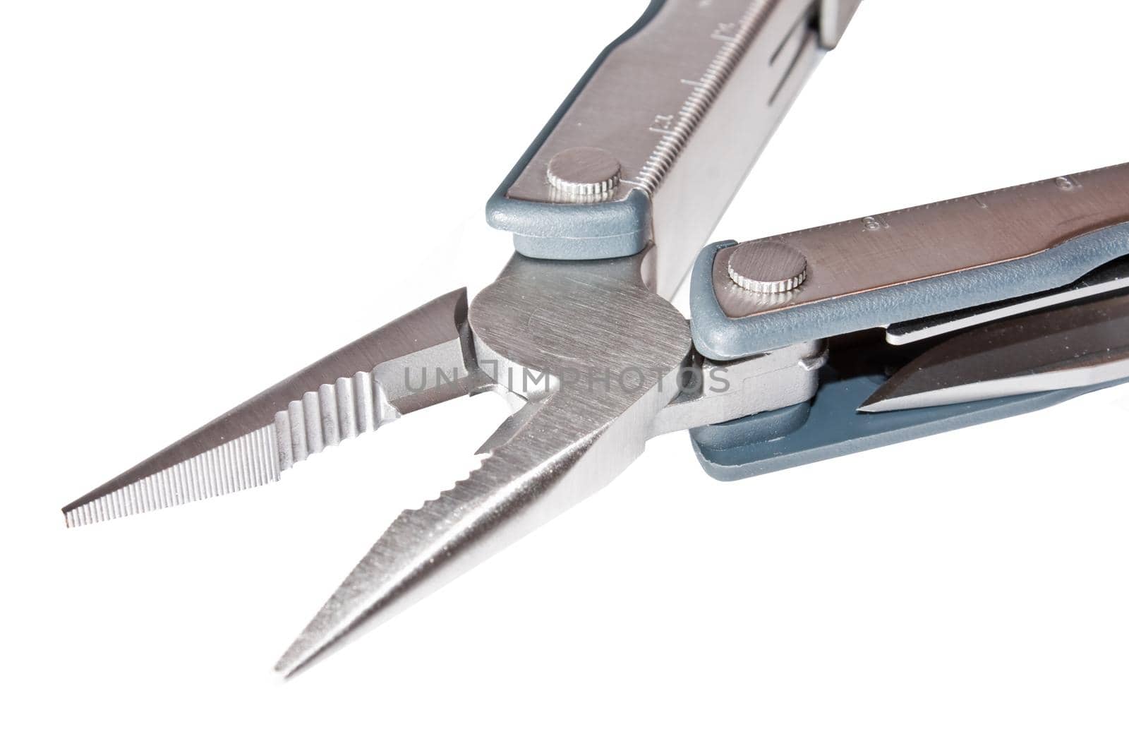 photo of  unfolded leatherman multitool with pliers isolated on white background