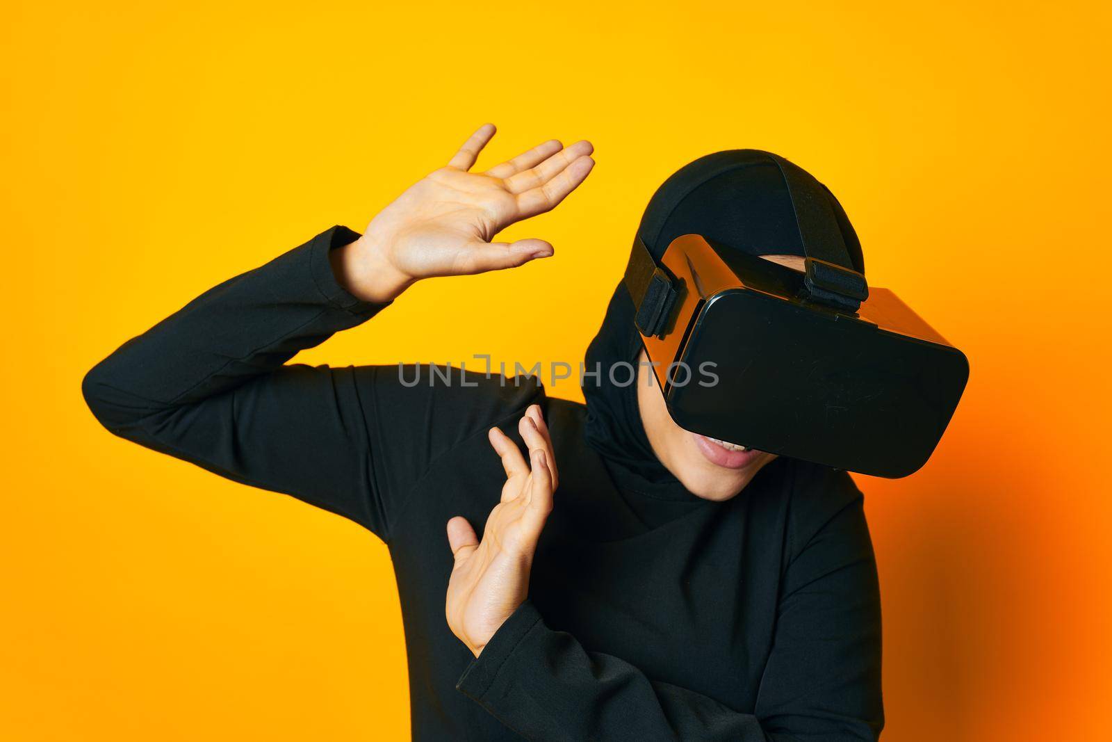 pretty woman virtual reality glasses entertainment isolated background. High quality photo