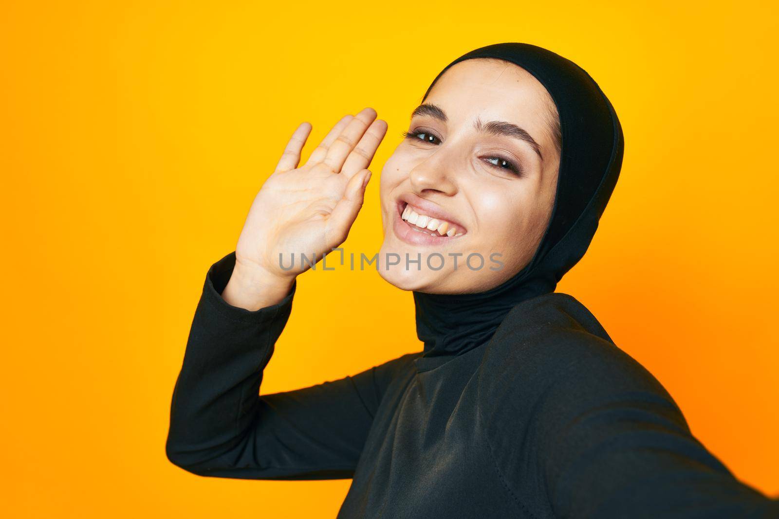 pretty woman fun ethnicity model posing emotions isolated background. High quality photo
