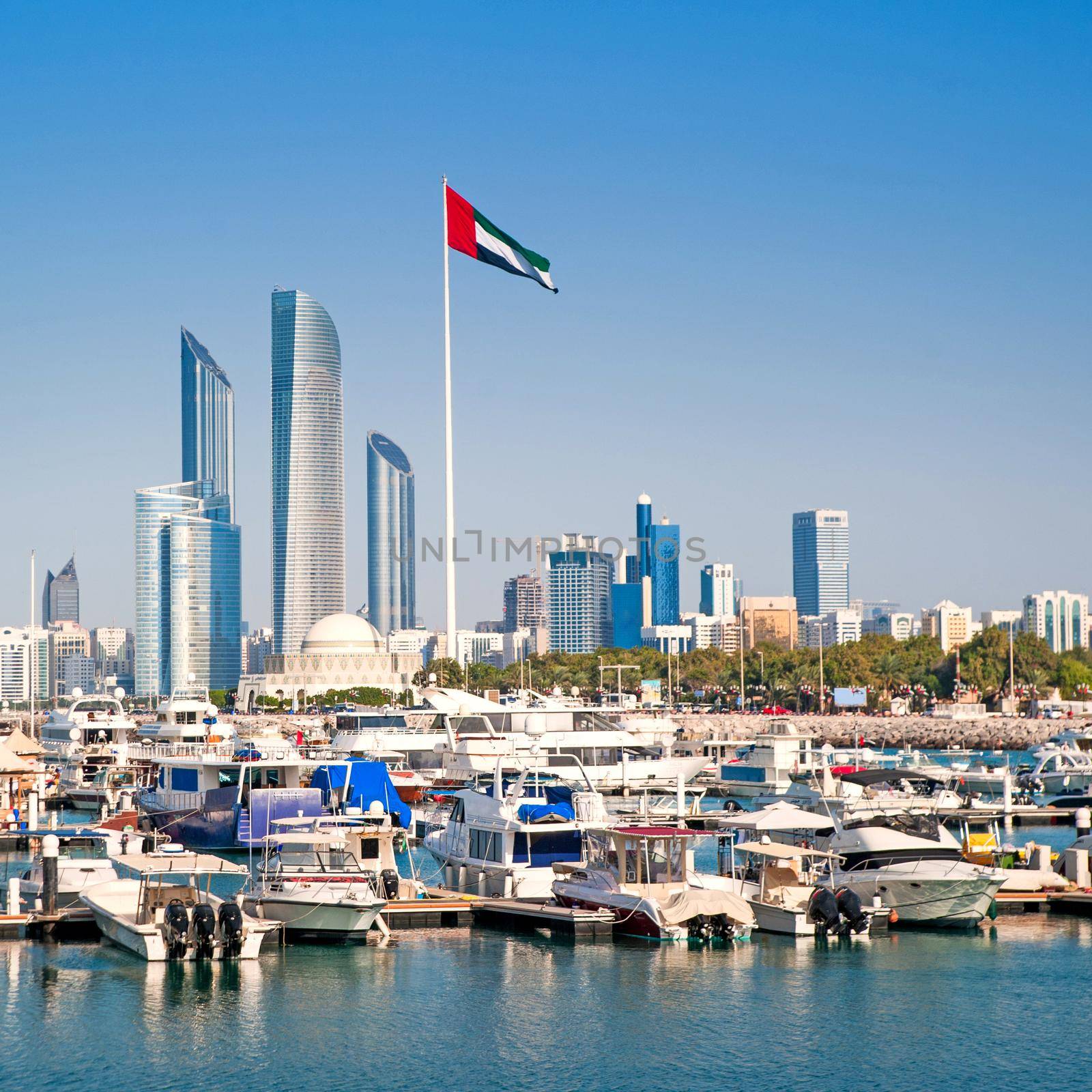 quay with yachts and skyscrapers in Abu Dhabi. UAE